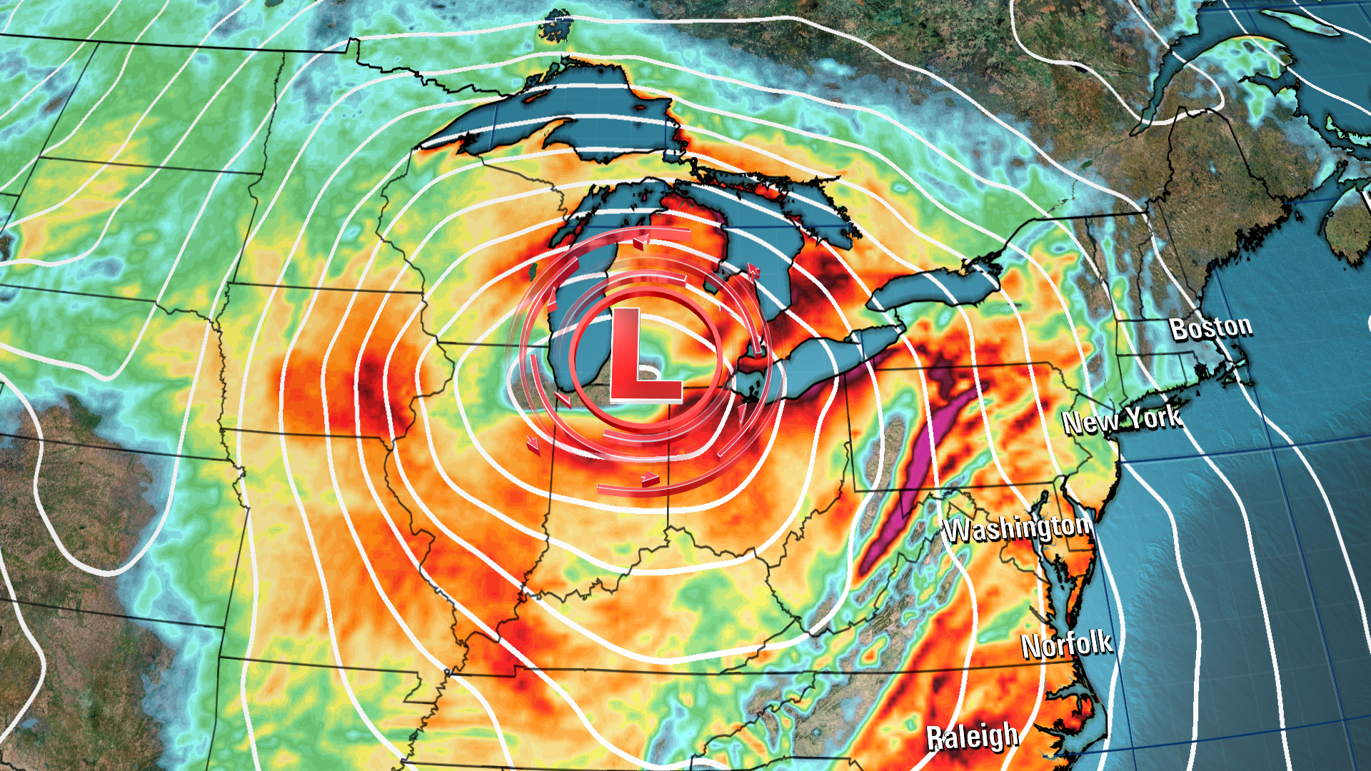A forecast model shows a powerful storm at its full strength Friday night, producing robust wind gusts while centered over the Great Lakes.