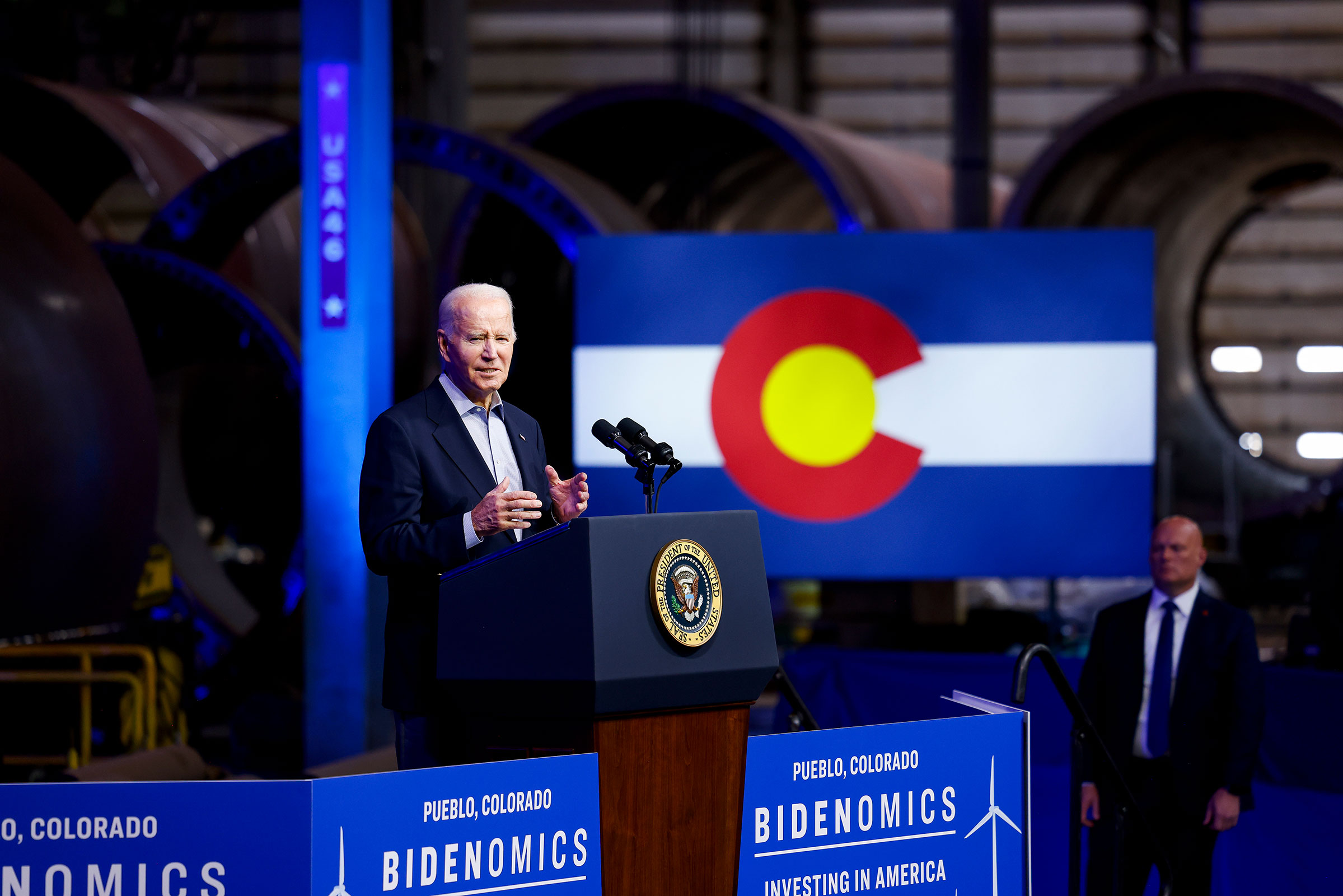 President Joe Biden speaks about Bidenomics at CS Wind on November 29, 2023 in Pueblo, Colorado.