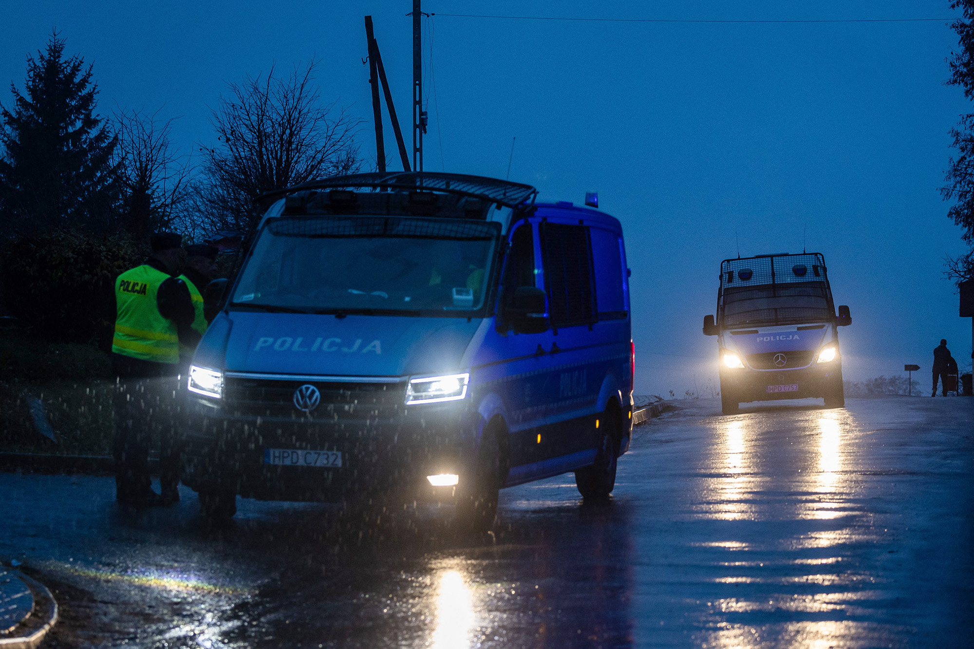 Police block a road near the site where a missile strike killed two people on November 17, in the eastern Poland village of Przewodow, near the border with Ukraine.