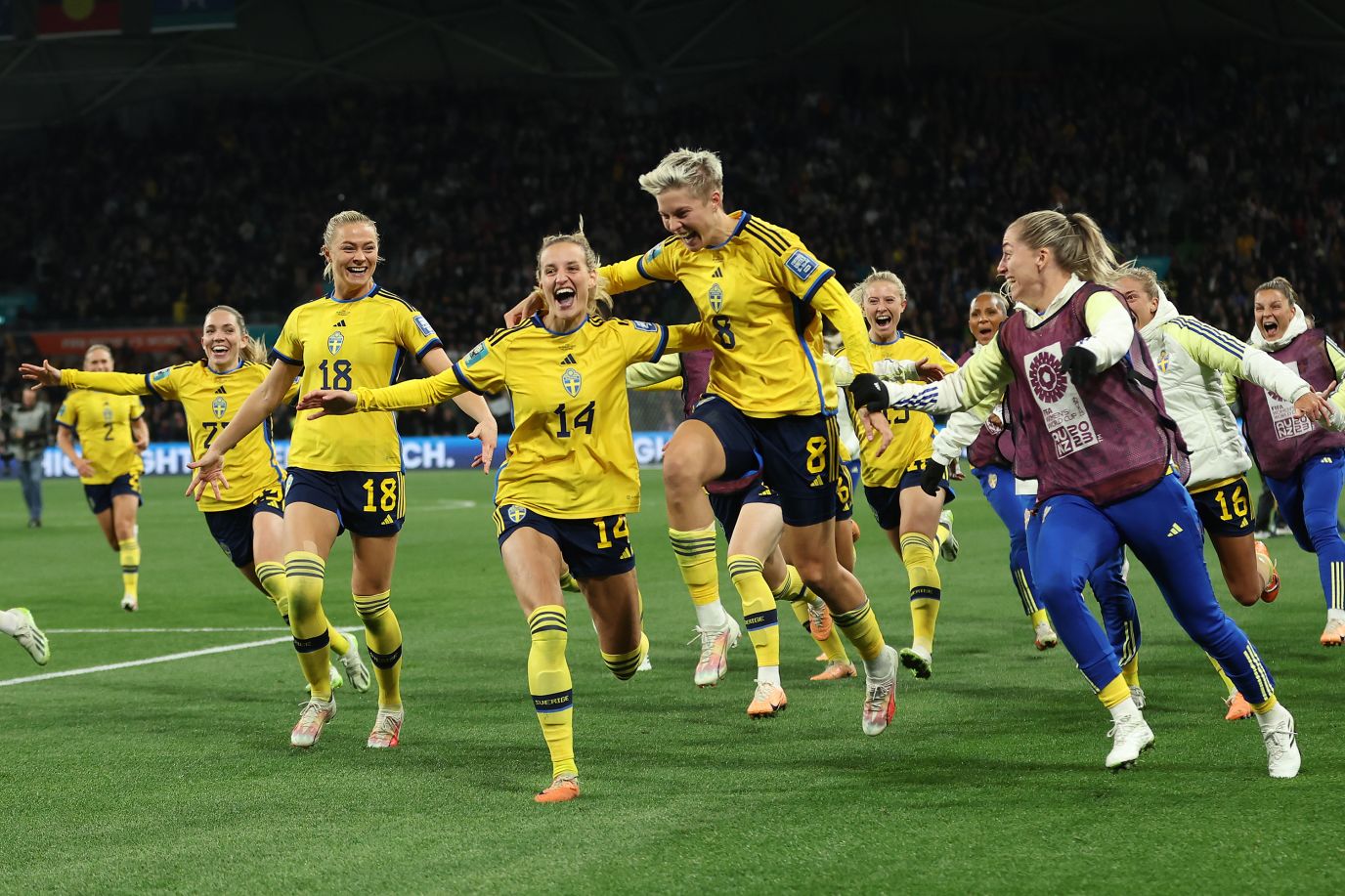 Sweden players celebrate the team's victory after defeating the US in a dramatic penalty shootout.