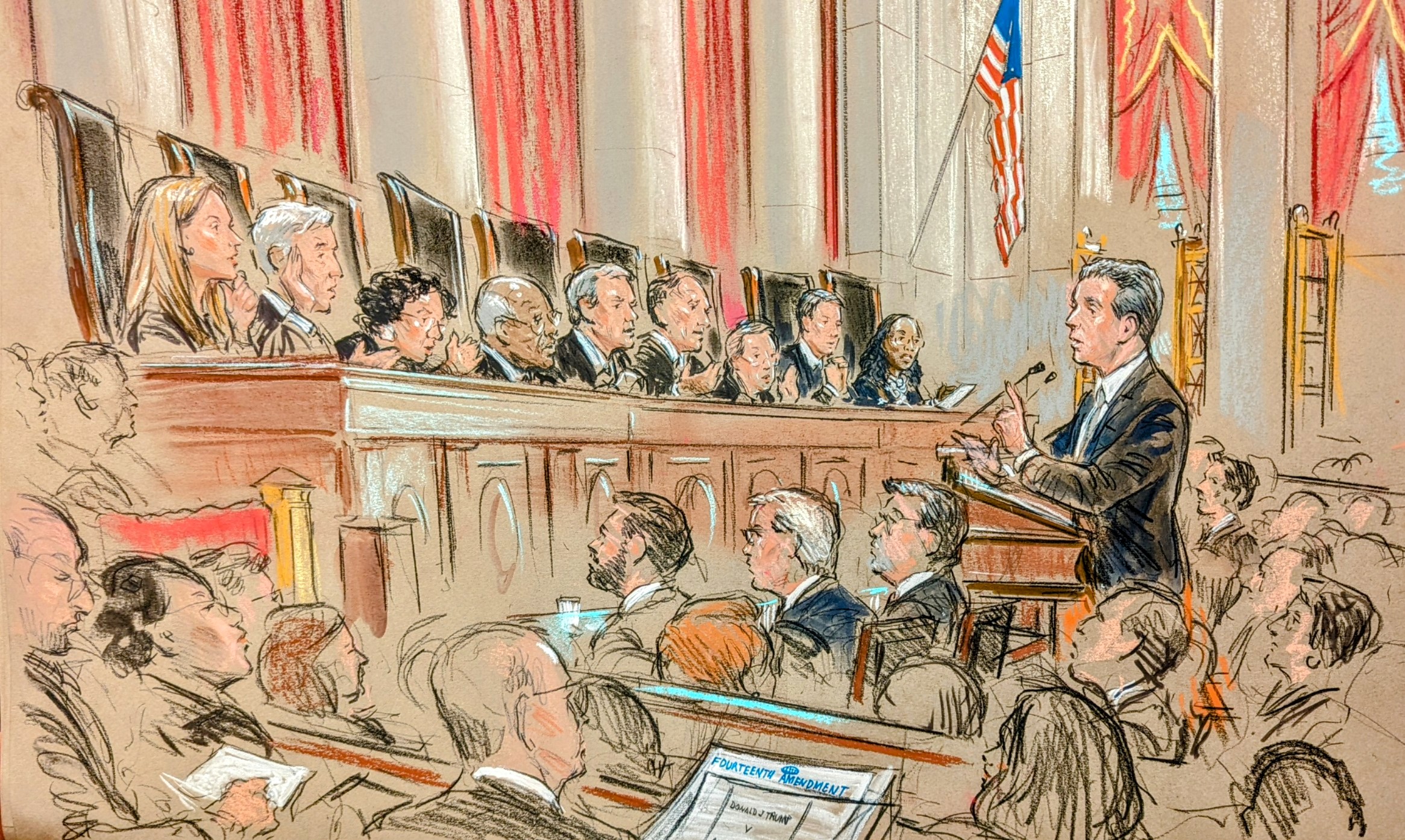 Jonathan Mitchell, an attorney representing former President Donald Trump, speaks in front of the Supreme Court during oral arguments on February 8.
