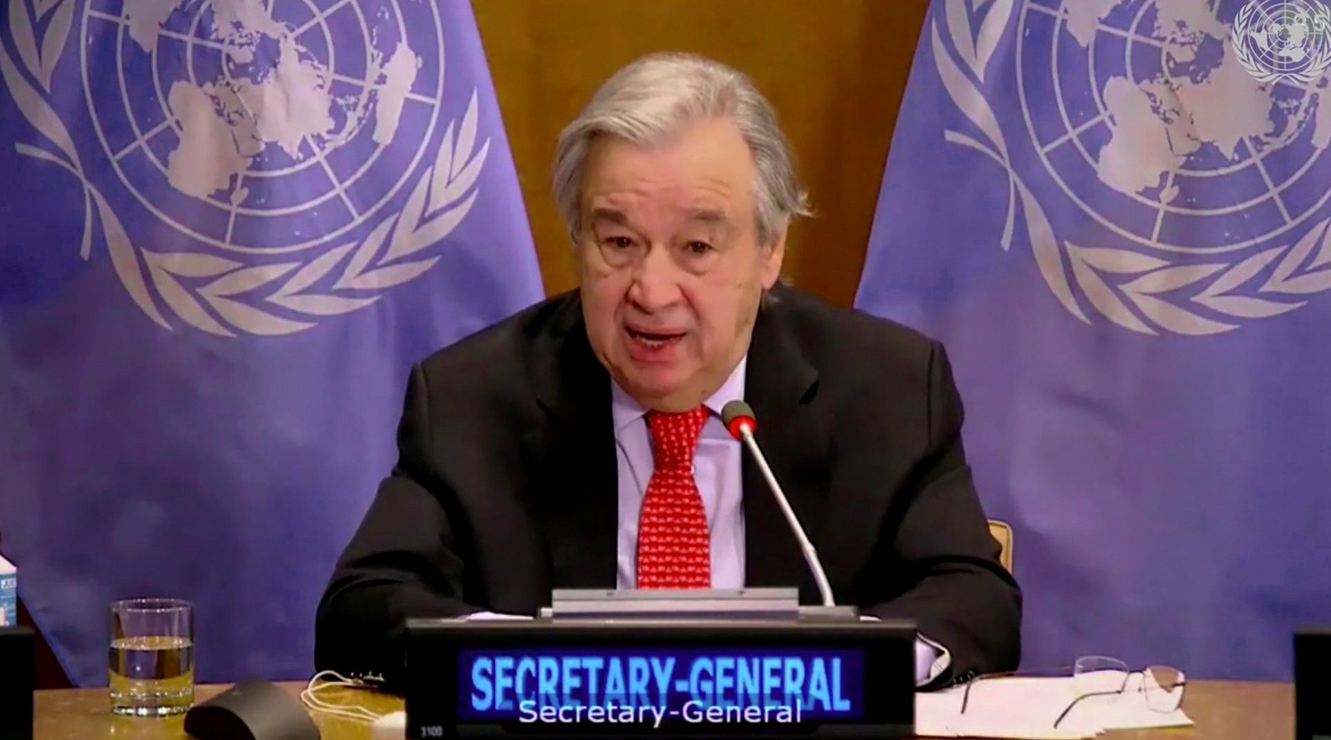 In this image from UNTV video, United Nations Secretary General Antonio Guterres speaks during a U.N. Security Council high-level meeting on COVID-19 recovery focusing on vaccinations, chaired by British Foreign Secretary Dominc Raab, Wednesday, Feb. 17, 2021, at UN headquarters, in New York. 