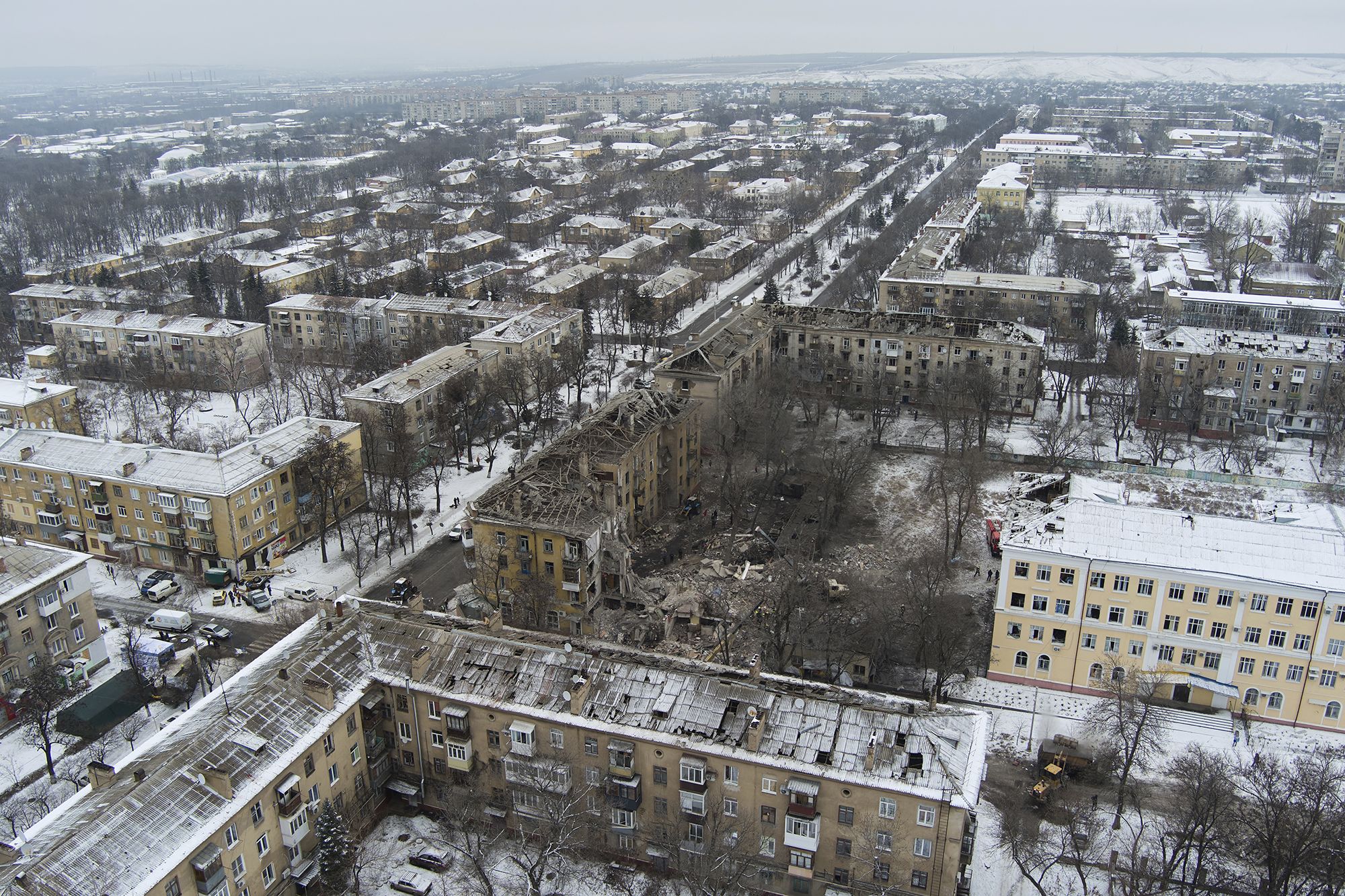 An aerial view of an apartment building hit by a Russian rocket in Kramatorsk, Ukraine, on February 2.