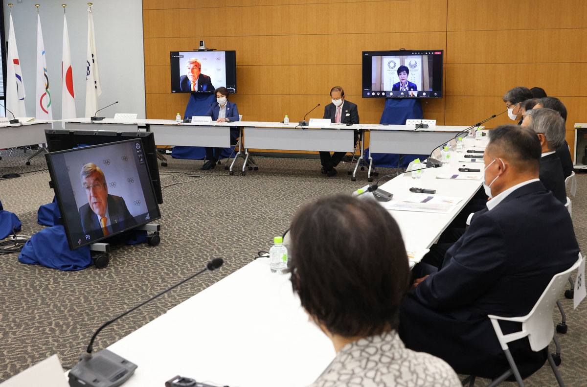 International Olympic Committee (IOC) president Thomas Bach (on screen) delivers an opening speech at a meeting of the IOC Coordination Commission for the Tokyo 2020 Olympics, in Tokyo, Japan on May 19.