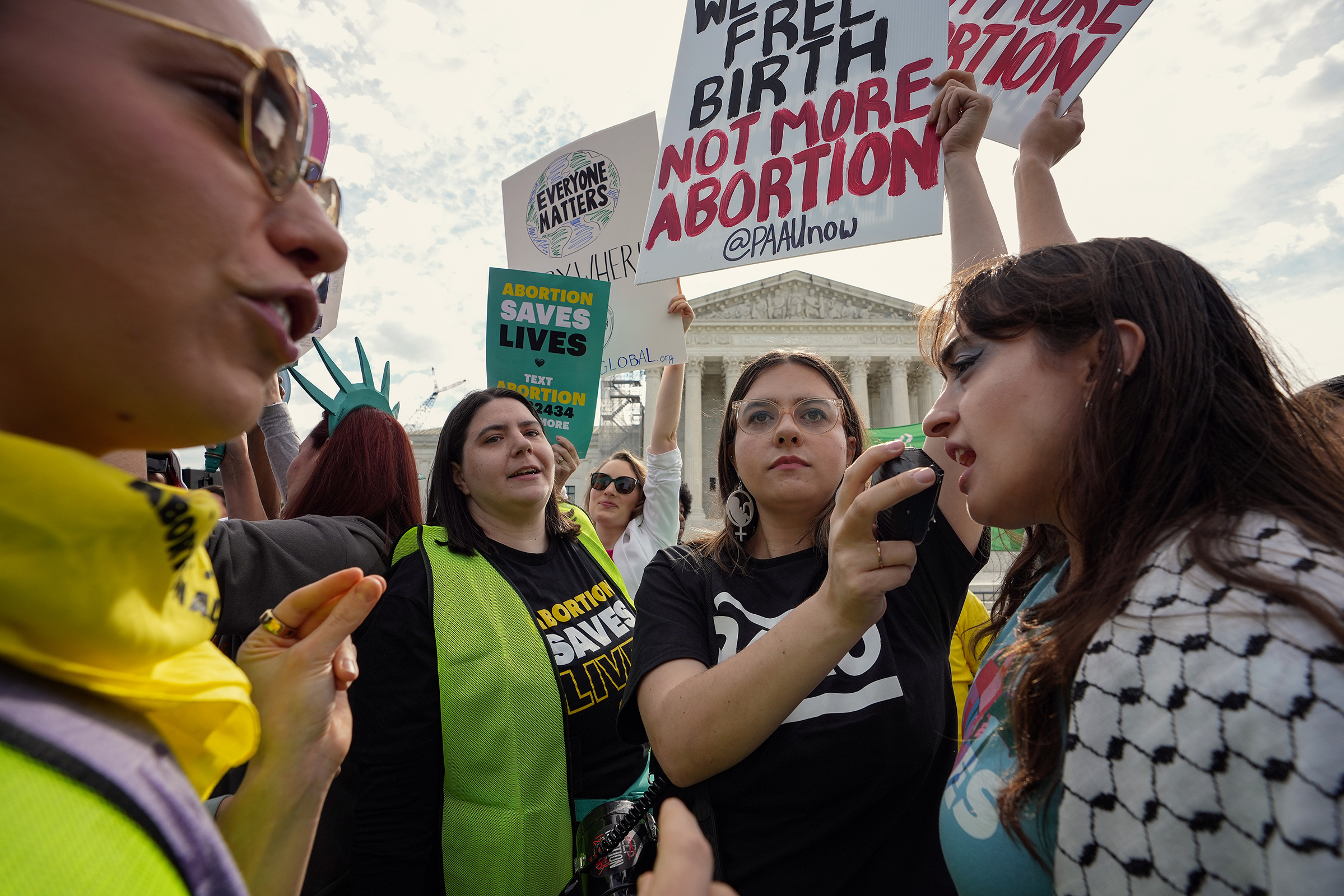 Abortion rights advocates and anti-abortion opponents clash outside the US Supreme Court on April 24 in Washington, DC. 