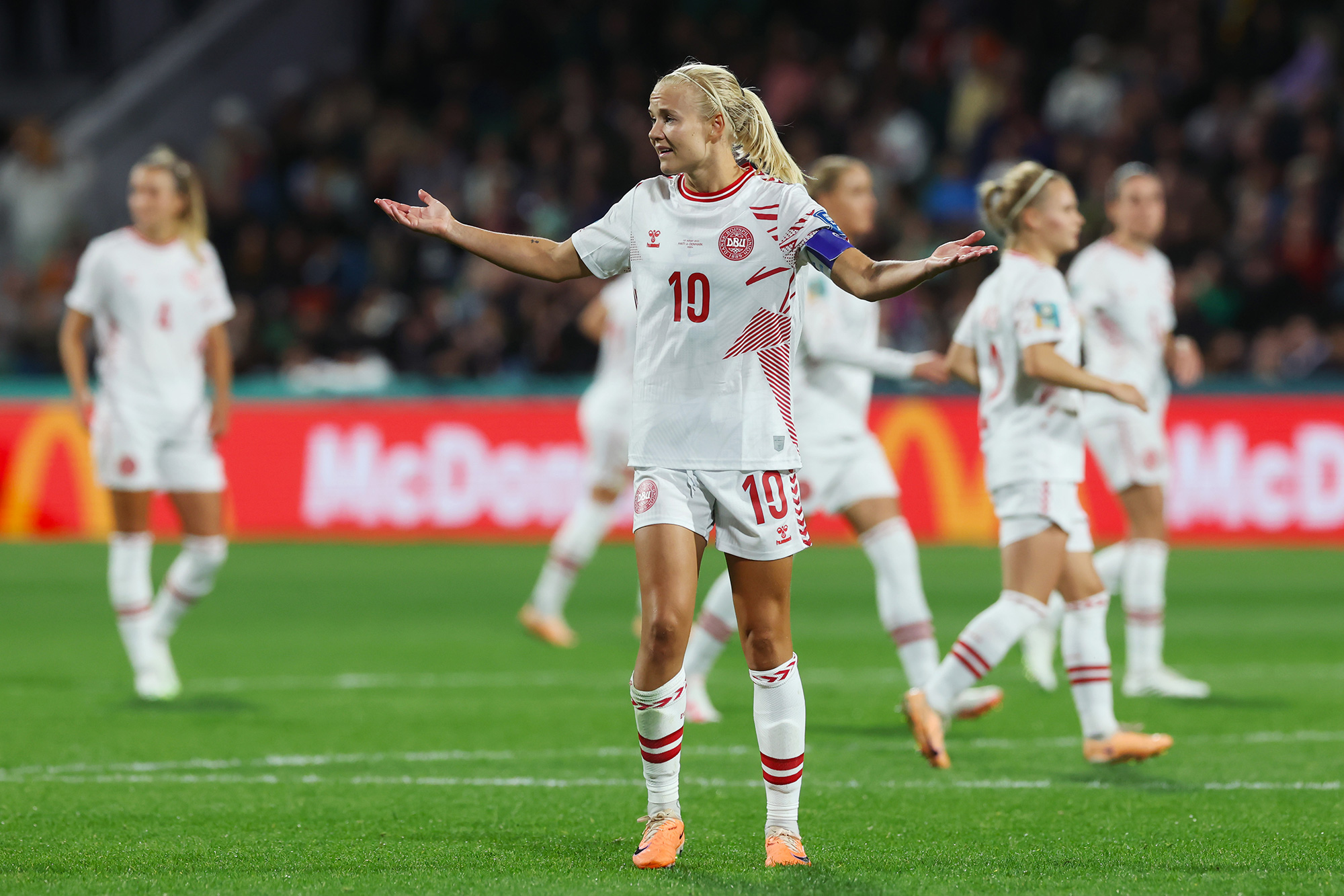 Pernille Harder of Denmark reacts after her goal is disallowed after the Video Assistant Referee review.
