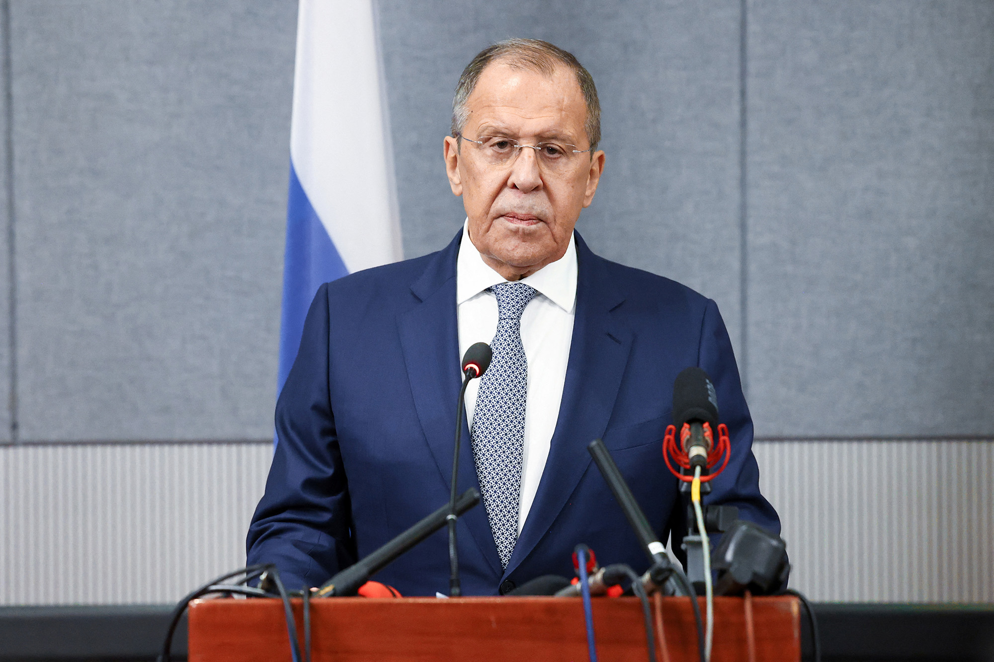 Russian Foreign Minister Sergey Lavrov attends a news conference in Bujumbura, Burundi, on May 30.
