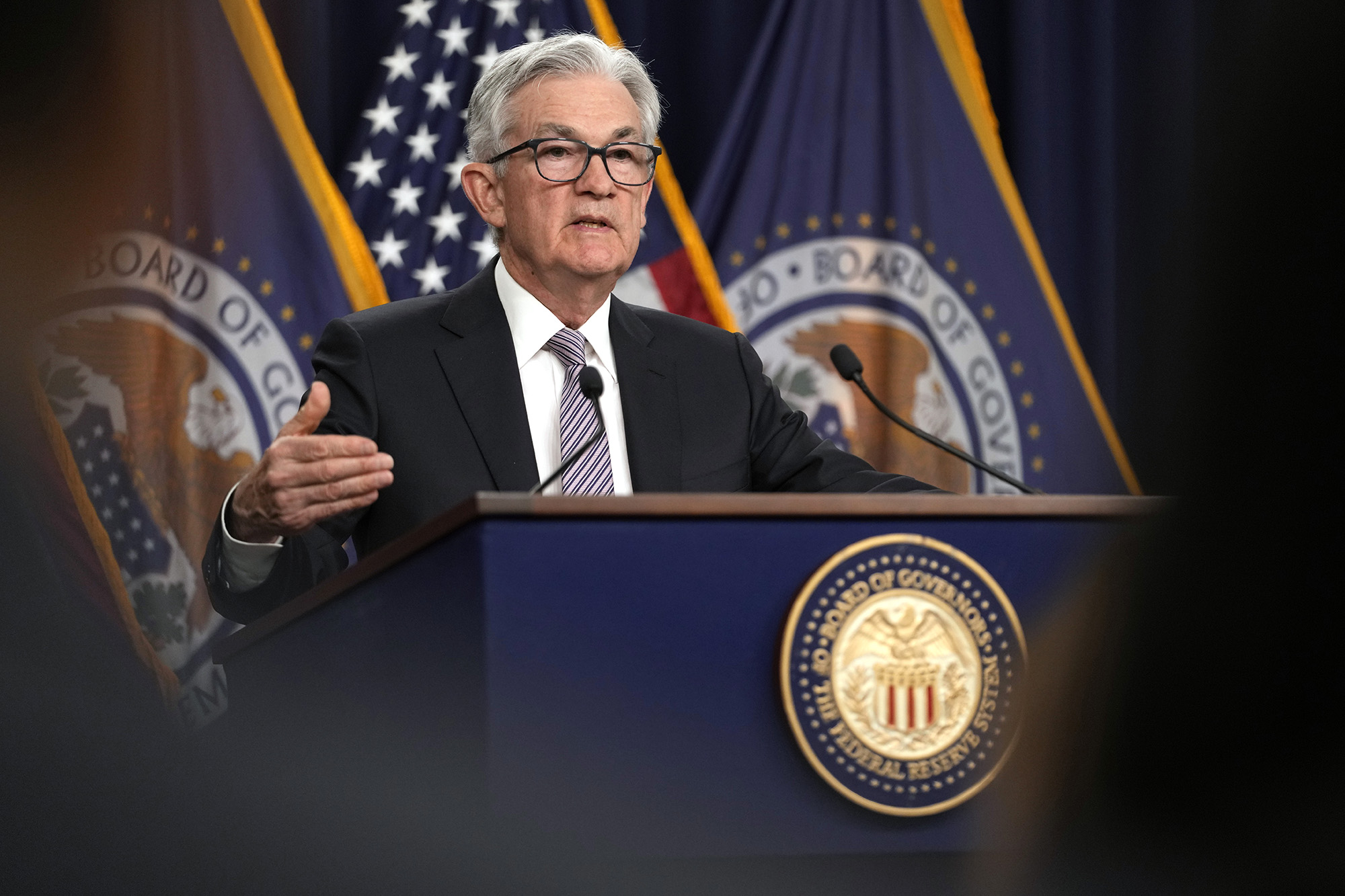 Federal Reserve Chairman Jerome Powell speaks during a news conference in Washington, on May 3, following the Federal Open Market Committee meeting.