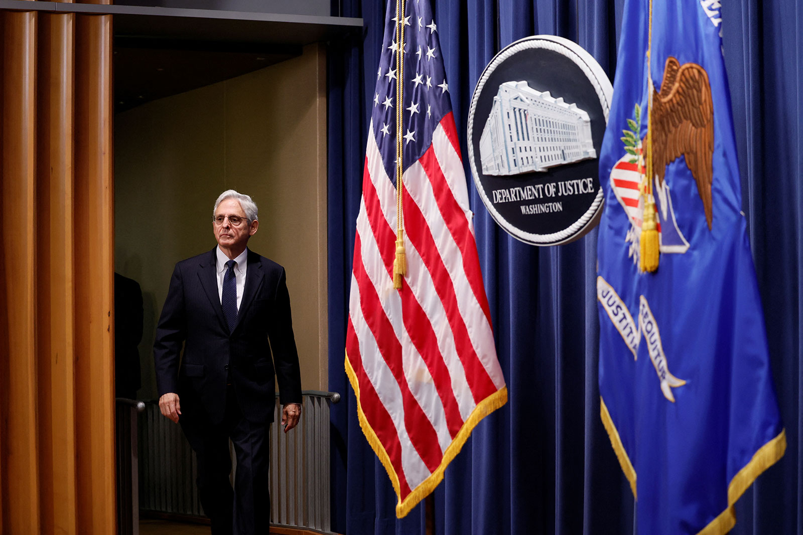 US Attorney General Merrick Garland arrives to talk about an FBI search warrant executed on former President Donald Trump's Mar-a-Lago estate in Florida. 