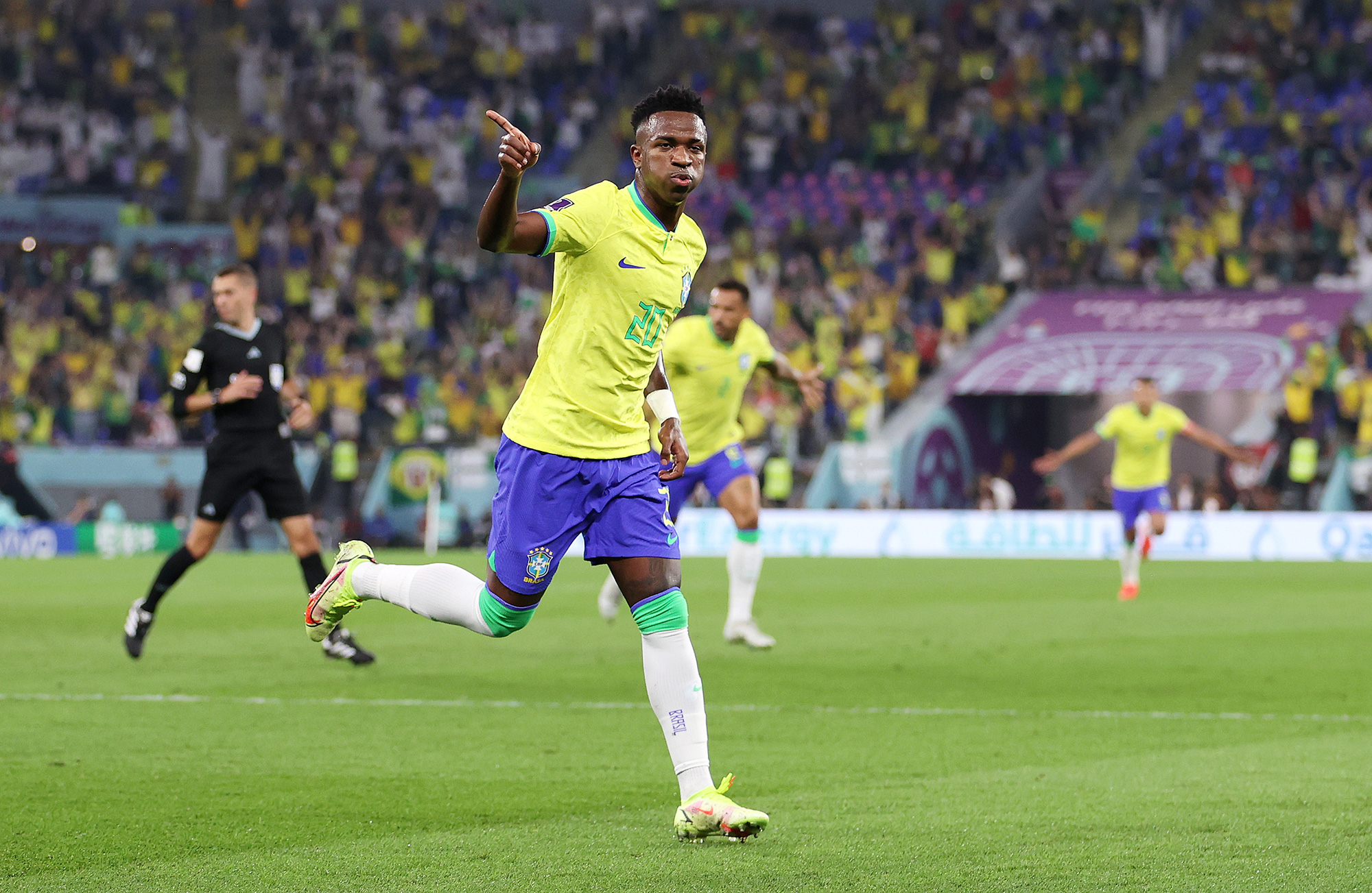 Vinicius Junior of Brazil celebrates after scoring the team's first goal during the FIFA World Cup match between Brazil and South Korea on December 05.