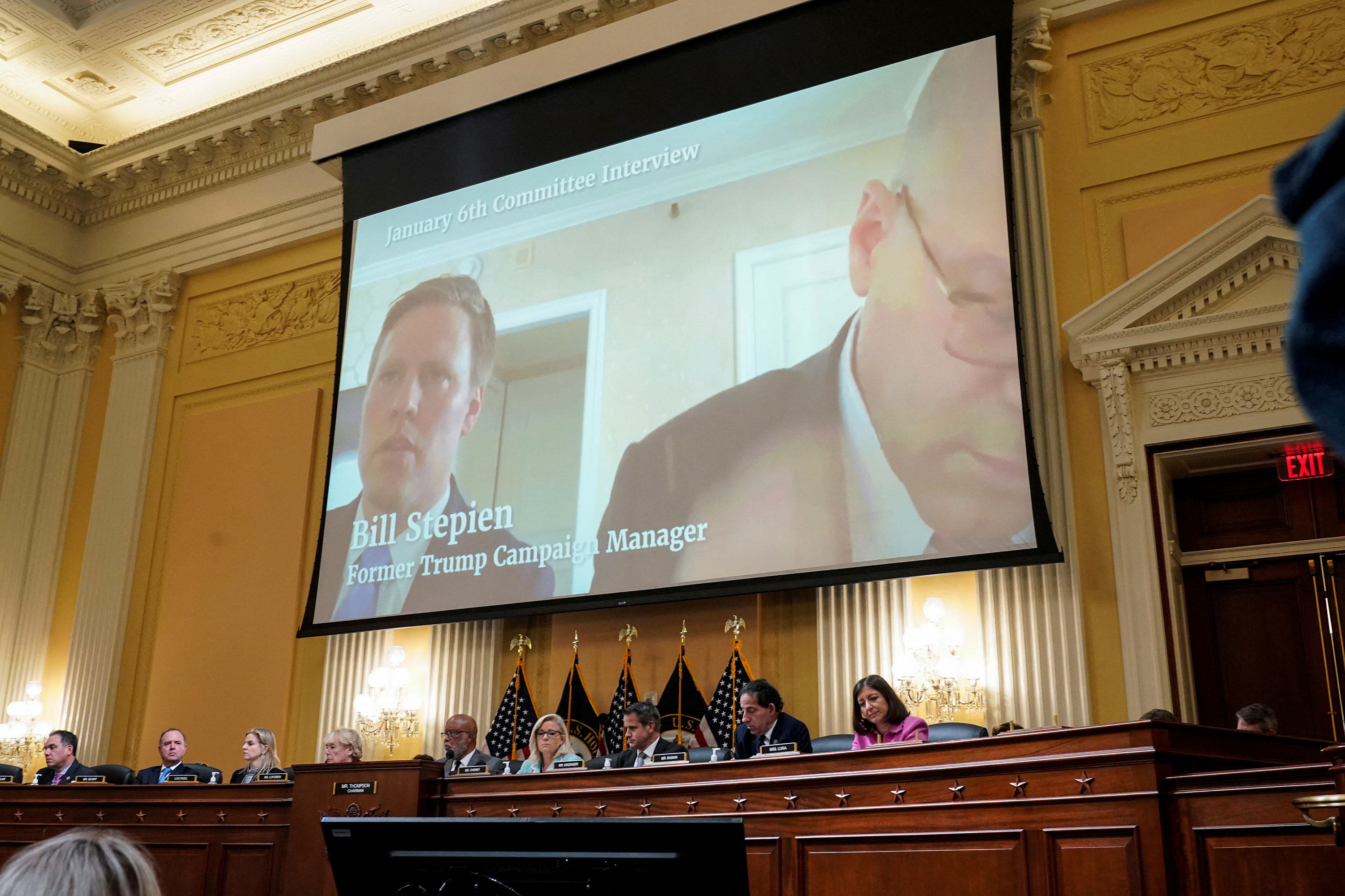 A video of Bill Stepien is played on a screen above members of the U.S. House Select Committee to Investigate the January 6 Attack on the United States Capitol on Monday.