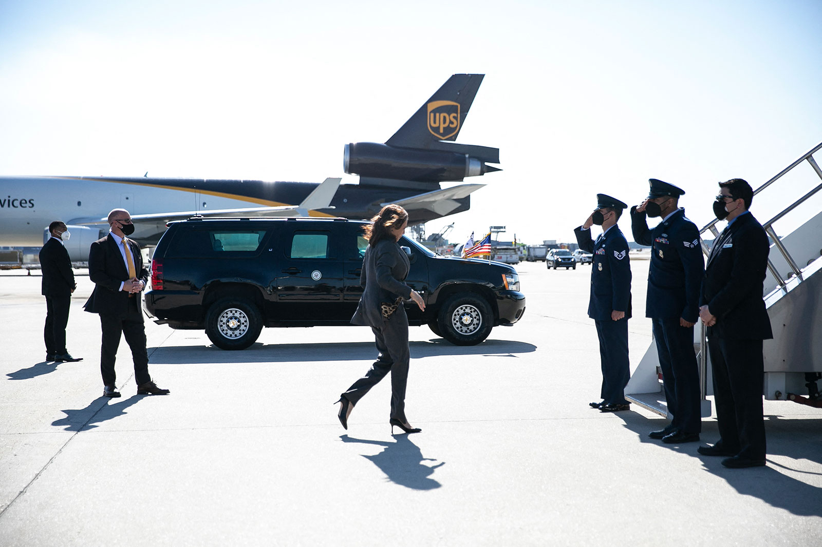 US Vice President Kamala Harris boards a plane after her visit to Durham, North Carolina, on March 2. 
