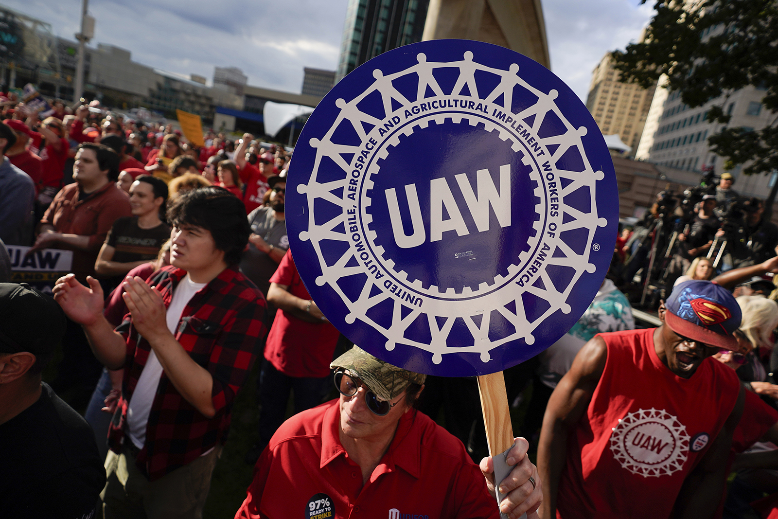 United Auto Workers members attend a rally in Detroit on September 15.