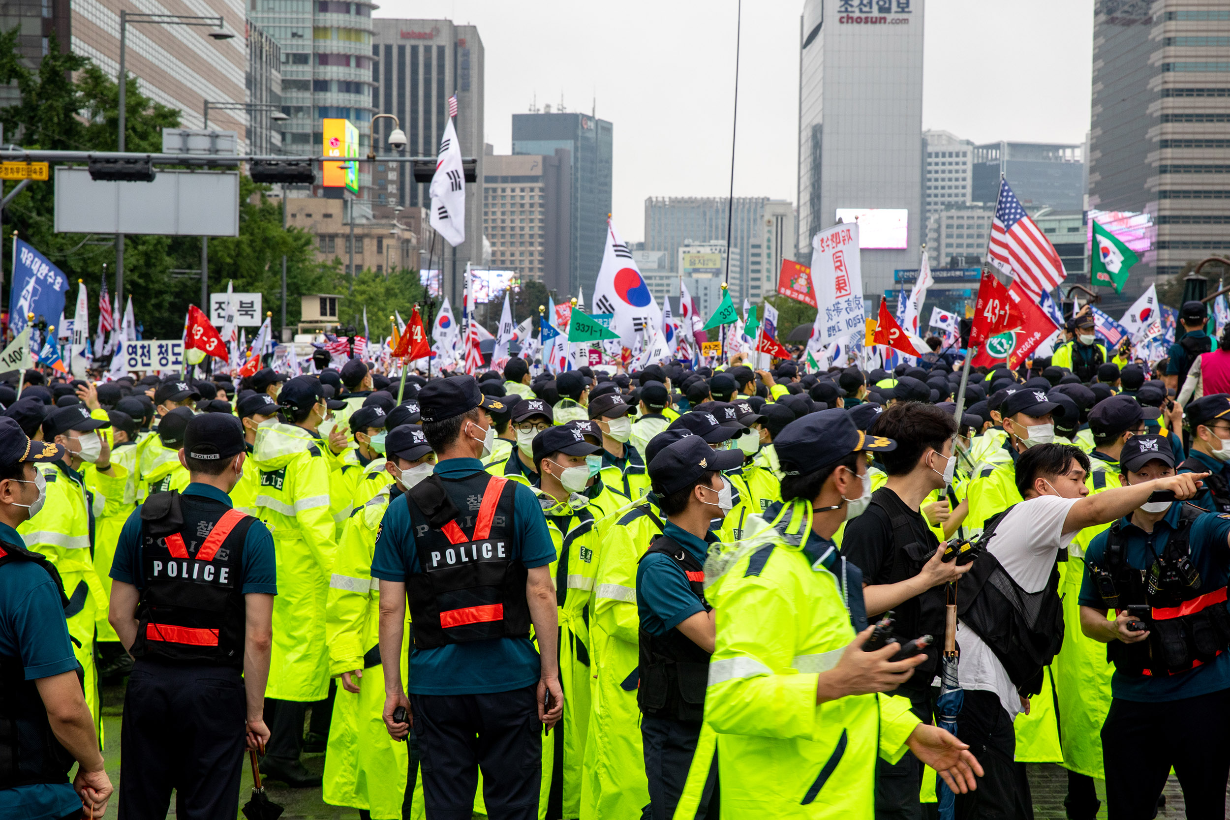 Police prevent protesters from marching to the Presidential palace (Cheong Wa Dae) during a rally against the government on August 15, in Seoul, South Korea. 