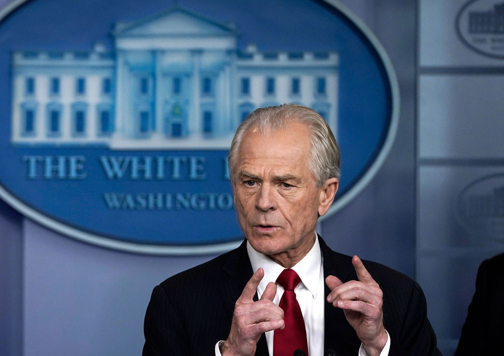 White House trade adviser Peter Navarro speaks during a briefing on the coronavirus pandemic in the White House on March 27 in Washington.