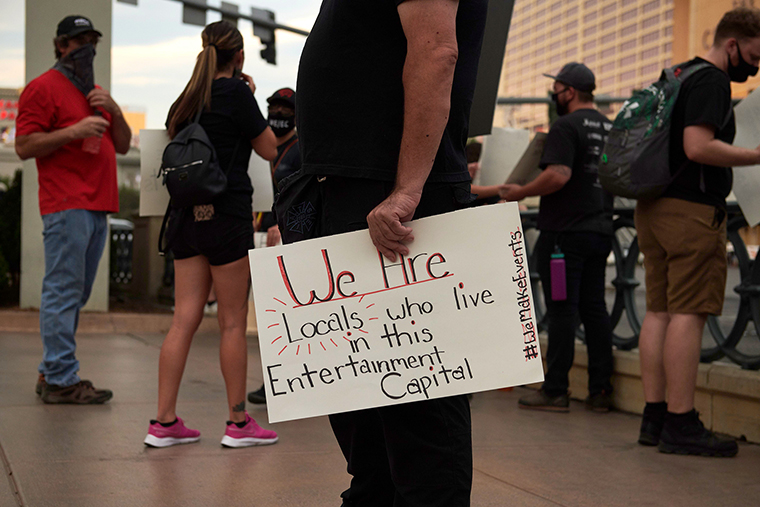 Events and entertainment workers gather in a protest to bring attention to their labor and unemployment on August 19, 2020 in Las Vegas, Nevada. 