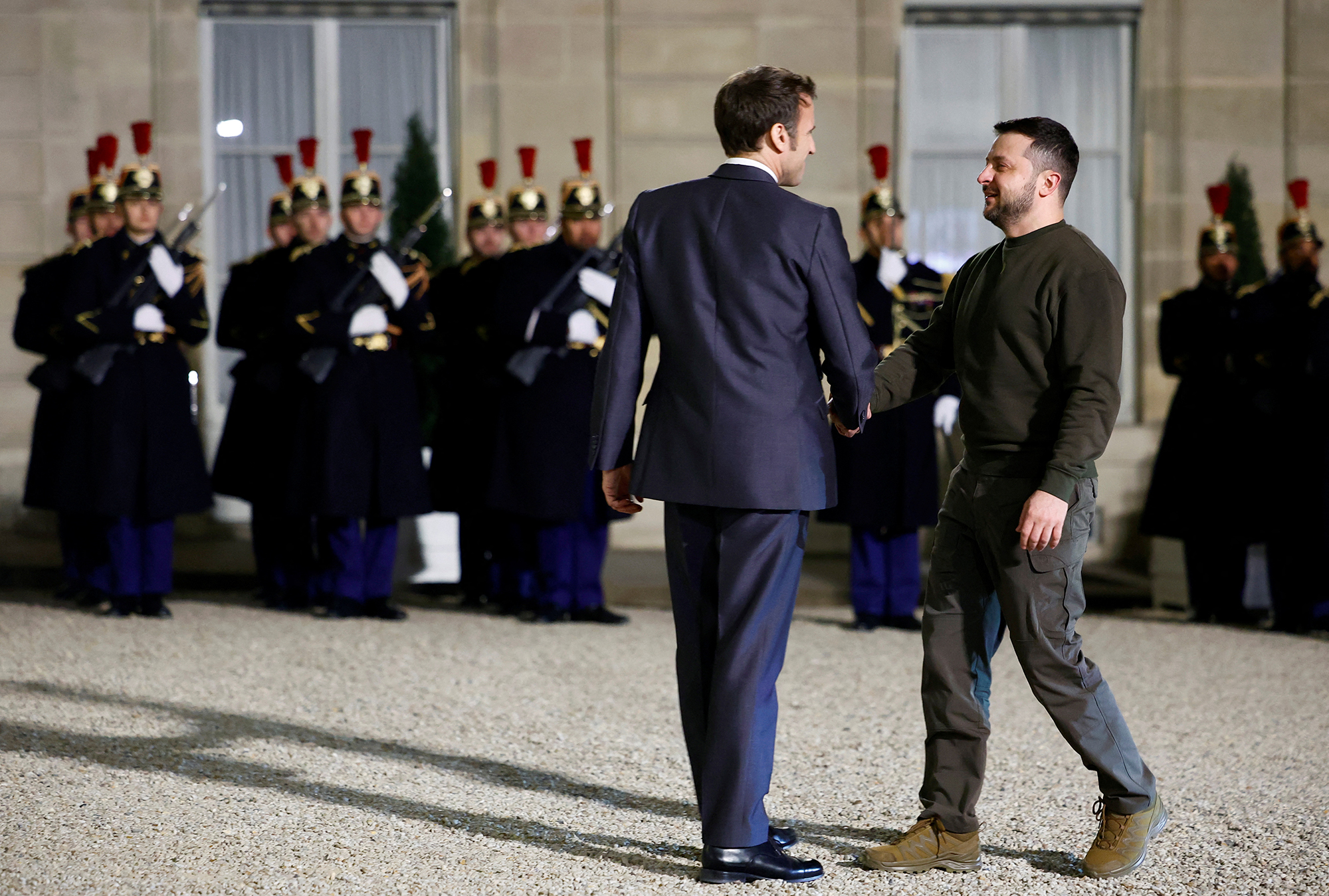 French President Emmanuel Macron welcomes Zelensky for a meeting at the Elysee Palace in Paris, France, on February 8.