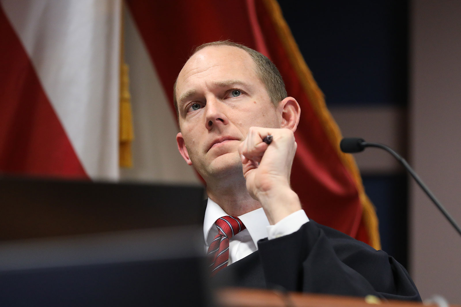 Fulton County Superior Judge Scott McAfee looks on during a hearing at the Fulton County Courthouse on Thursday, February 15, in Atlanta, Georgia. 