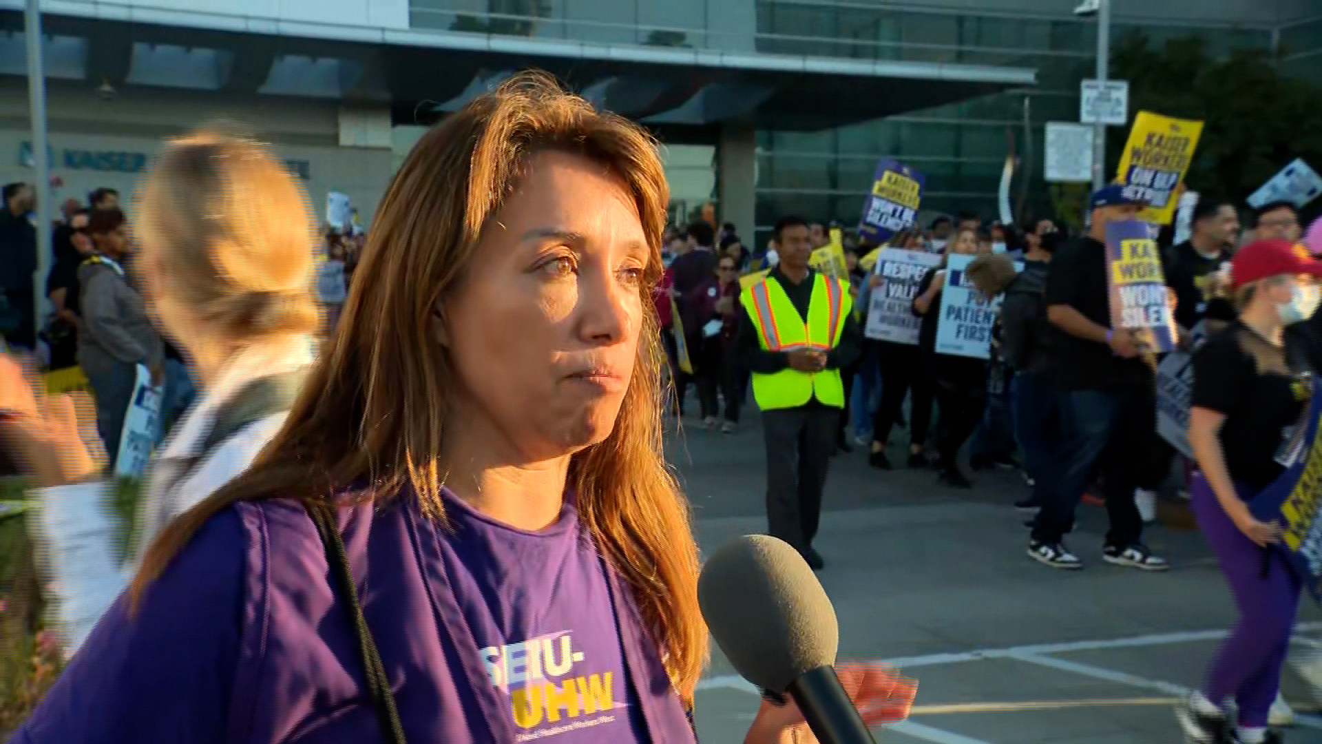 Kaiser healthcare worker Rocio Chacon speaking with Natasha Chen in Los Angeles, CA, today.