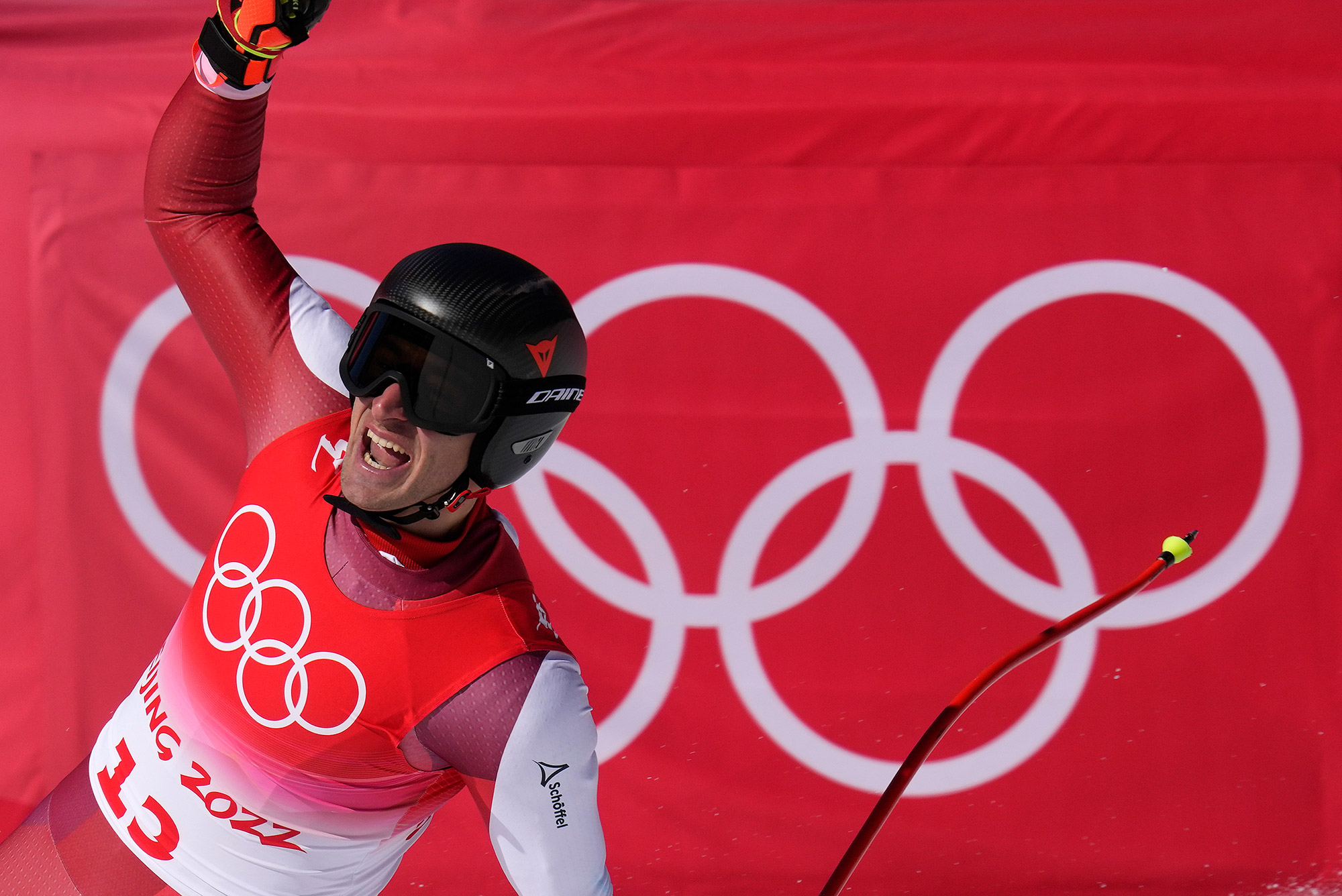 Matthias Mayer of Austria reacts after finishing the the Super-G on Tuesday.