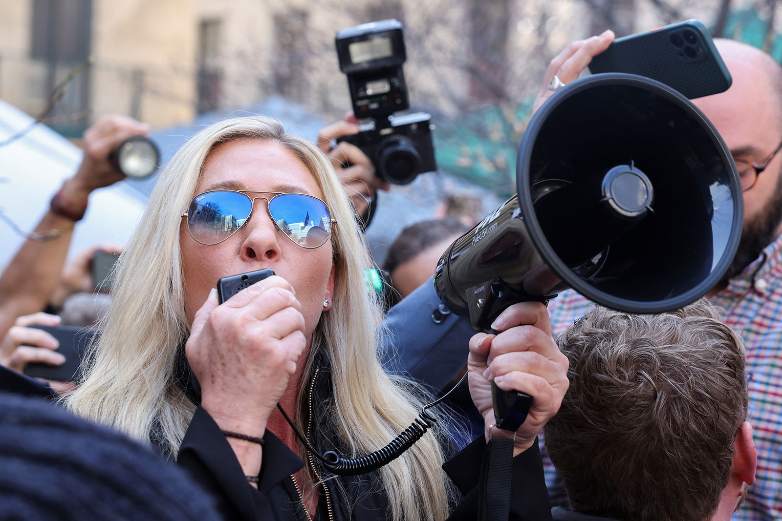 Rep. Marjorie Taylor Greene speaks outside Manhattan Criminal Courthouse on Tuesday, April 4. 