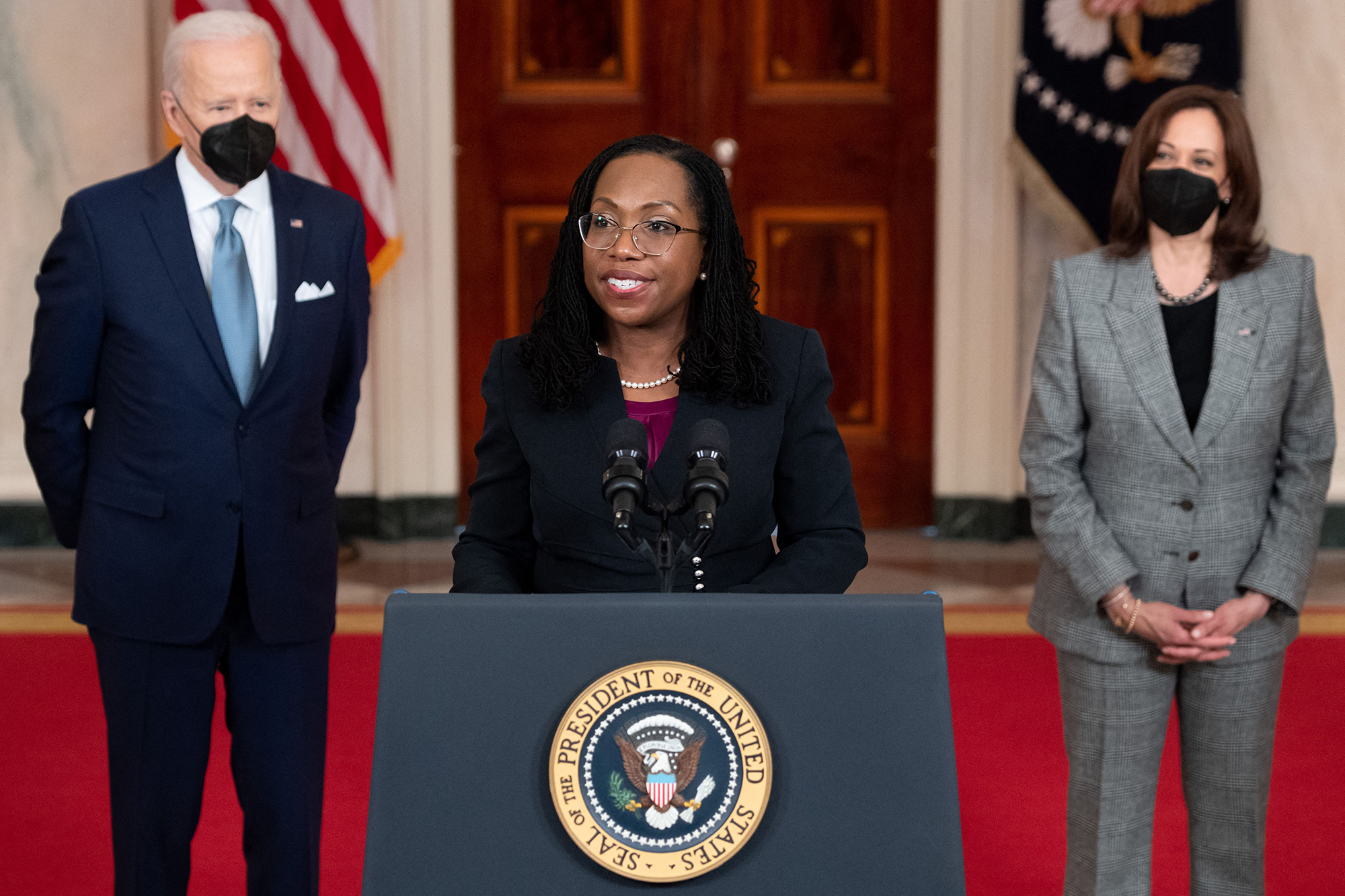 Judge Ketanji Brown Jackson speaks at the White House, alongside President Joe Biden and Vice President Kamala Harris, on February 25.