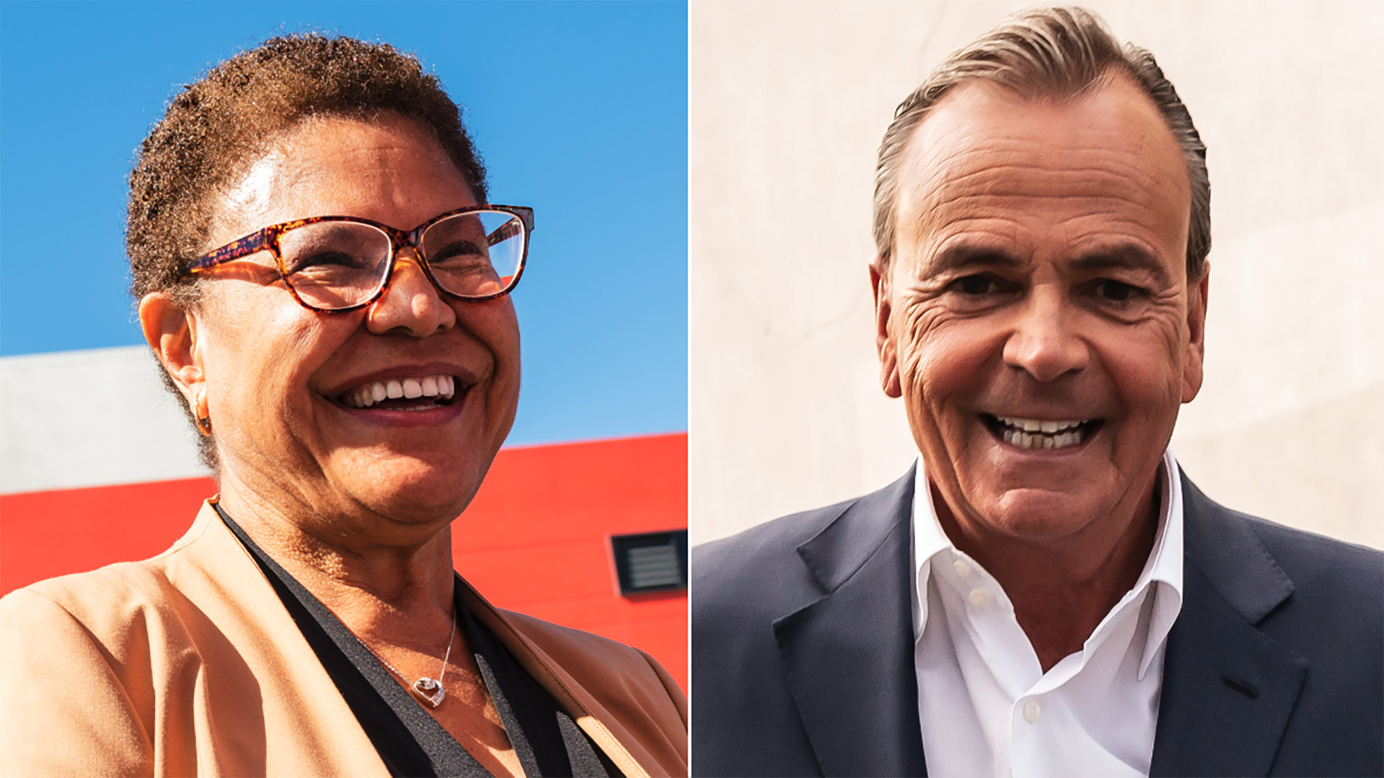 Mayoral candidates Karen Bass and Rick Caruso campaign recently in Los Angeles. 