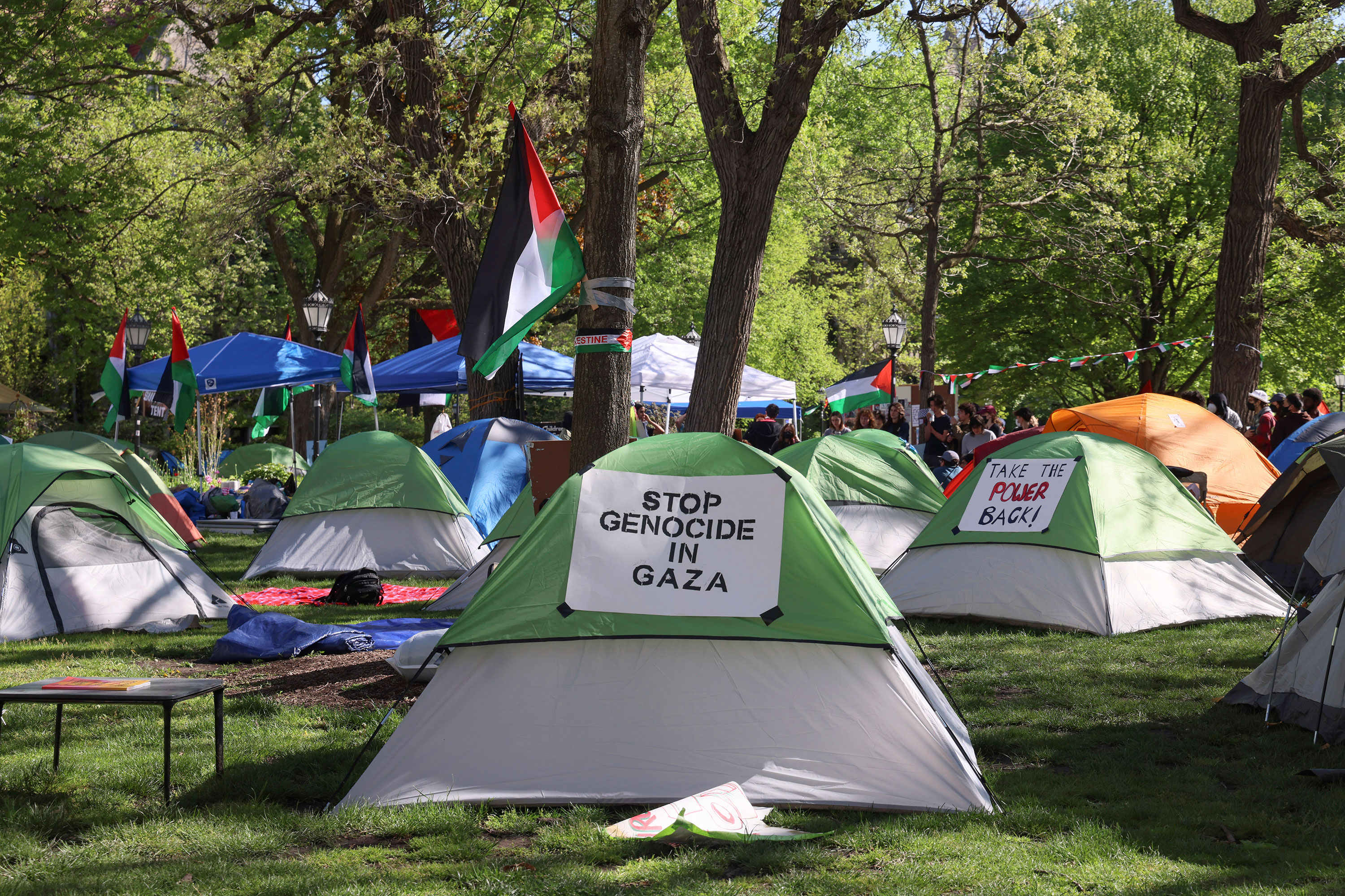 A pro-Palestinian encampment in the center of the University of Chicago campus is pictured April 30. 