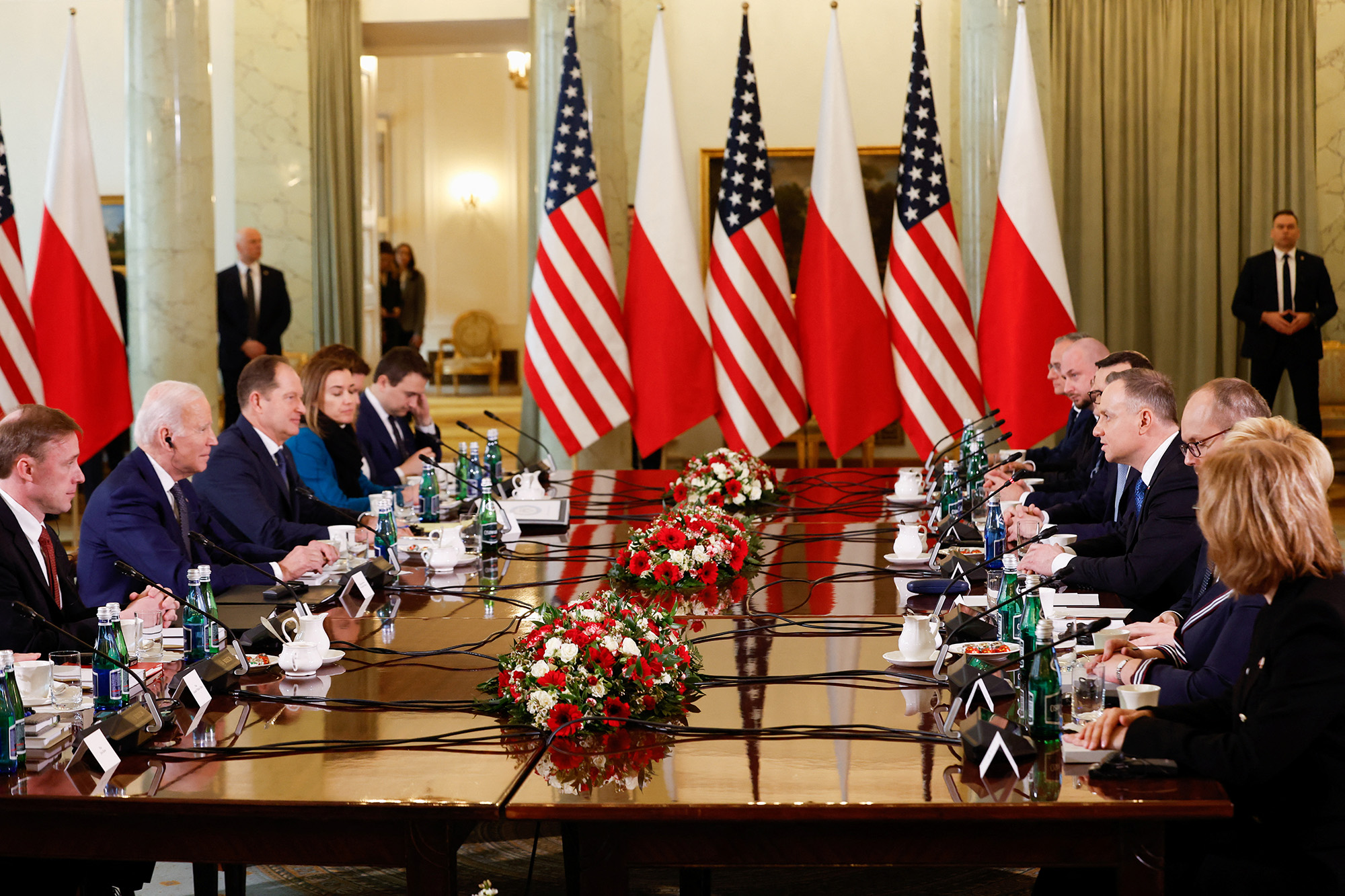 US President Joe Biden and Polish President Andrzej Duda participate in a bilateral meeting to discuss collective efforts to support Ukraine and bolster NATO's deterrence at the Presidential Palace in Warsaw, Poland, on February 21.