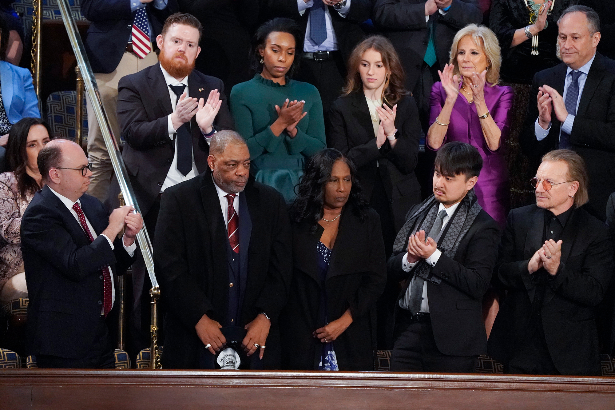 RowVaughn Wells, center, mother of Tyre Nichols, who died after being beaten by Memphis police officers, and her husband Rodney Wells, second left, are recognized by President Joe Biden as he delivers his State of the Union speech.