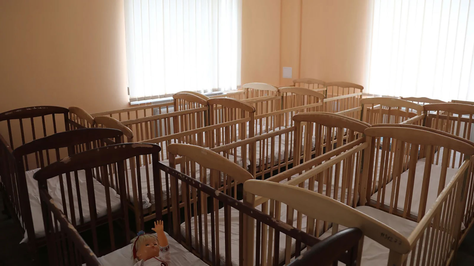 Cots stand empty at the orphanage in Kherson. 