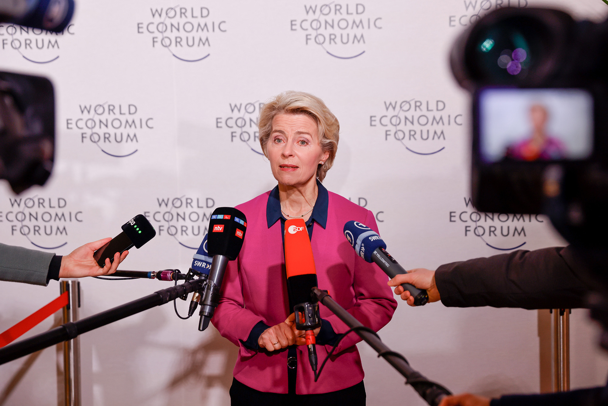 Ursula von der Leyen, president of the European Commission, speaks to reporters on the opening day of the World Economic Forum (WEF) in Davos, Switzerland, on January 17.
