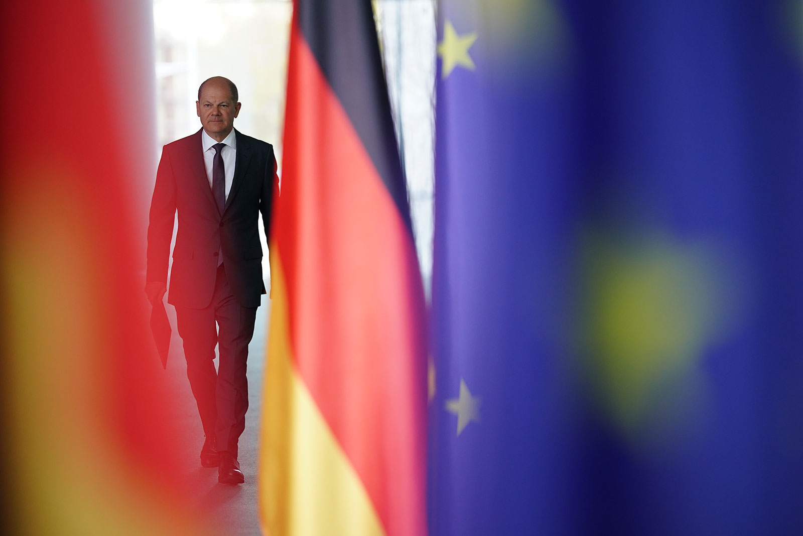 German Chancellor Olaf Scholz issues a statement following a virtual meeting with world leaders at the Chancellery on Tuesday, April 19, in Berlin.