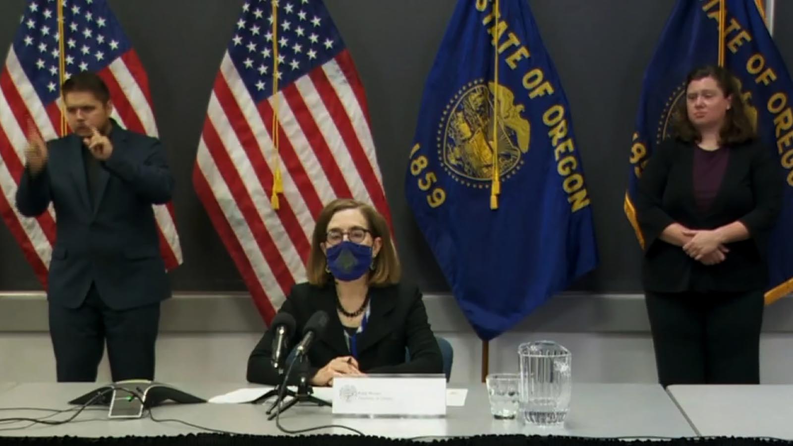 Oregon Gov. Kate Brown speaks during a wildfire press conference on Monday in Salem, Oregon. 