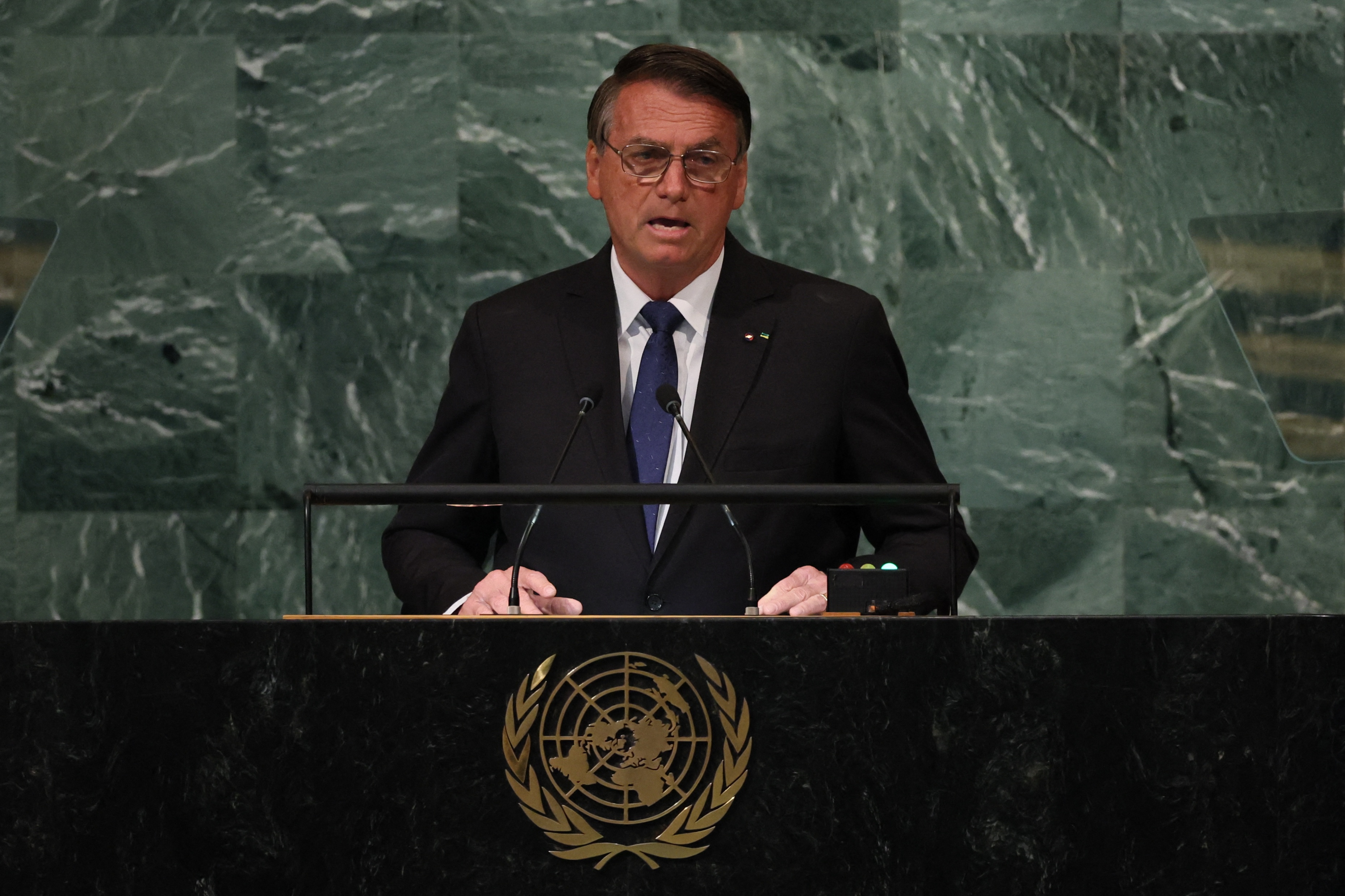 Brazilian President Jair Bolsonaro speaks at the United Nations General Assembly.