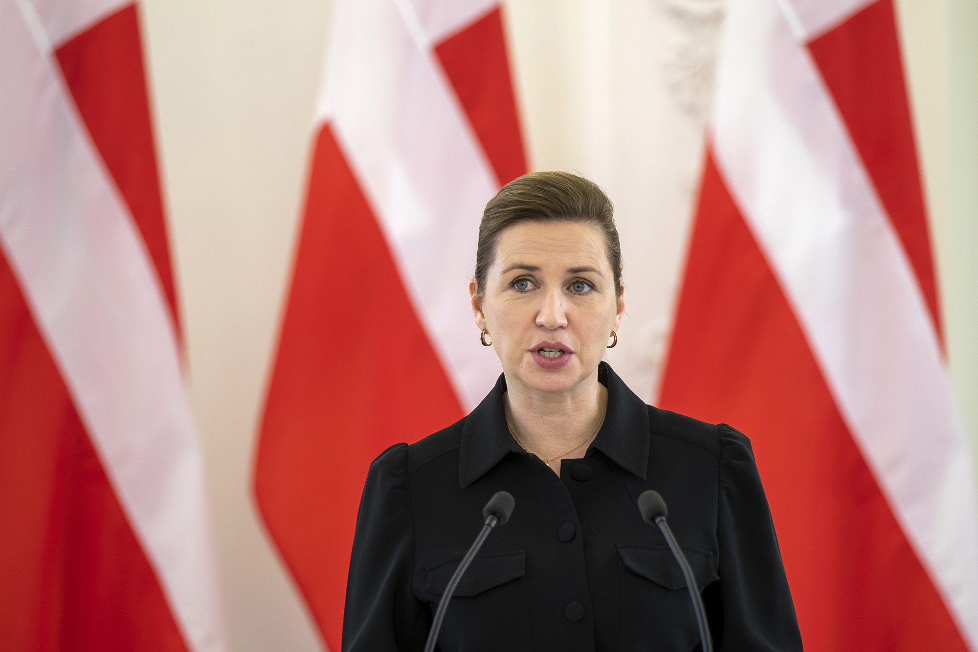 Denmark's Prime Minister Mette Frederiksen speaks during a joint media conference with Lithuanian President Gitanas Nauseda at the President's palace in Vilnius, Lithuania, on March 31.