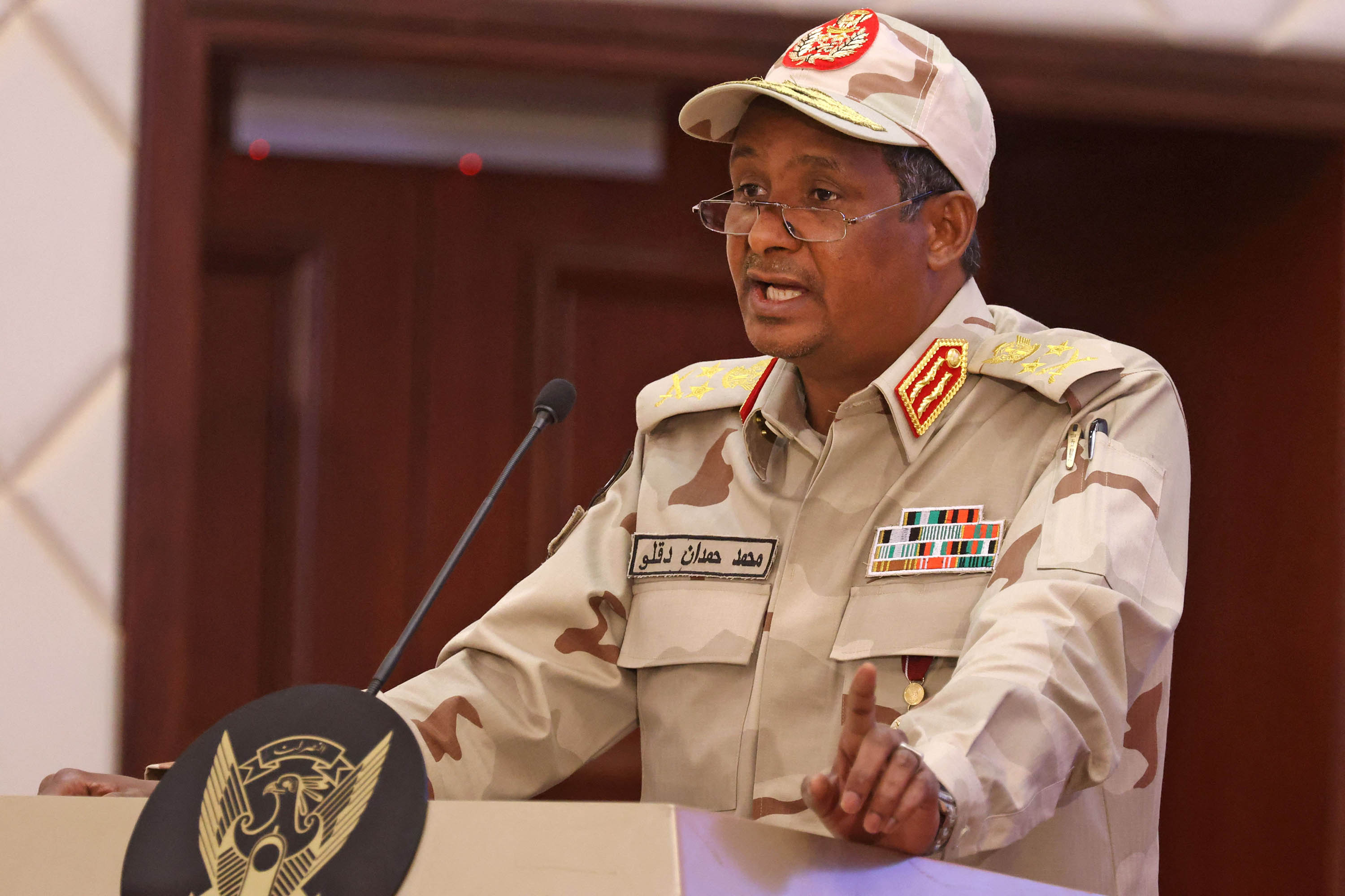 Rapid Support Forces (RSF) leader Mohamed Hamdan Dagalo is pictured speaking in Khartoum in December 2022.  