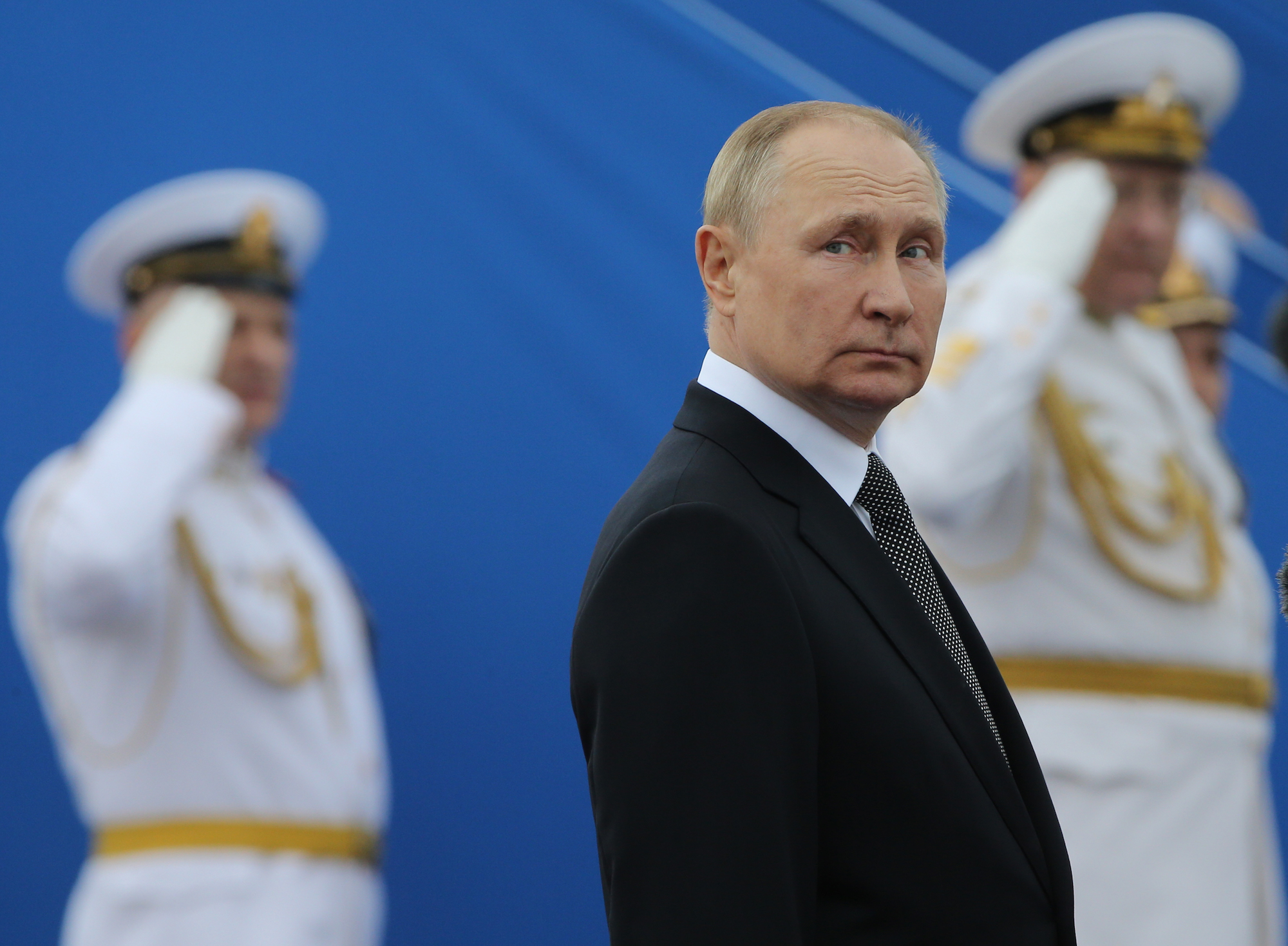 Russian President Vladimir Putin is seen during the Navy Day Parade in St. Petersburg on July 31, 2022.