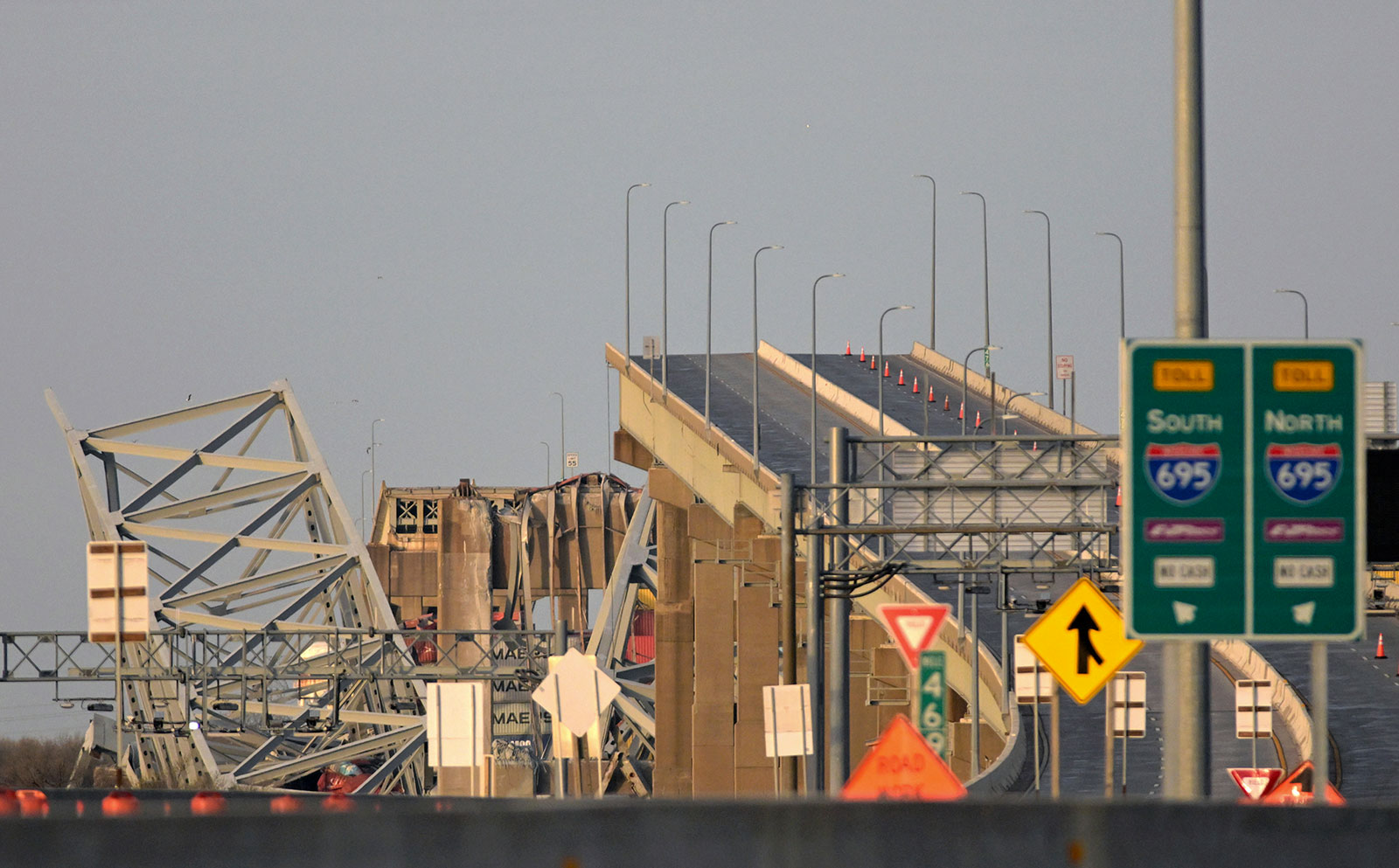 Parts of the Francis Scott Key Bridge remain after a container ship collided with it on Tuesday in Baltimore. 