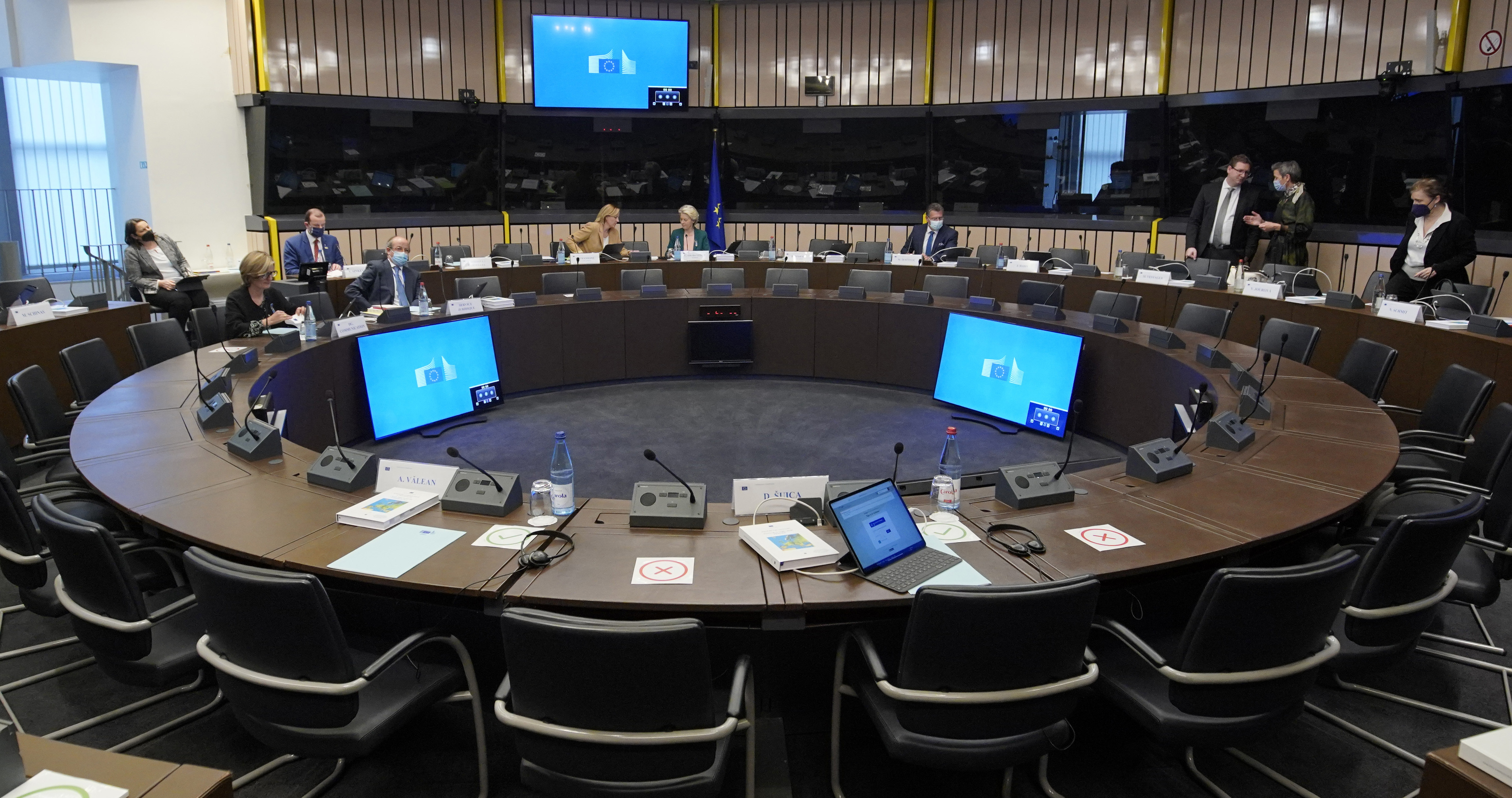 European Commission President Ursula von der Leyen, center, waits for the start of the weekly College of Commissioners meeting at the European Parliament in Strasbourg, France, on April 5.