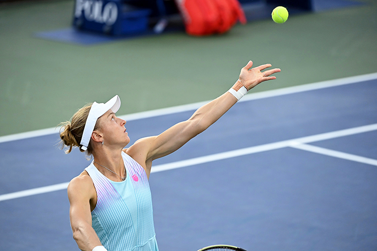 Liudmila Samsonova serves during a women's singles match on Friday.