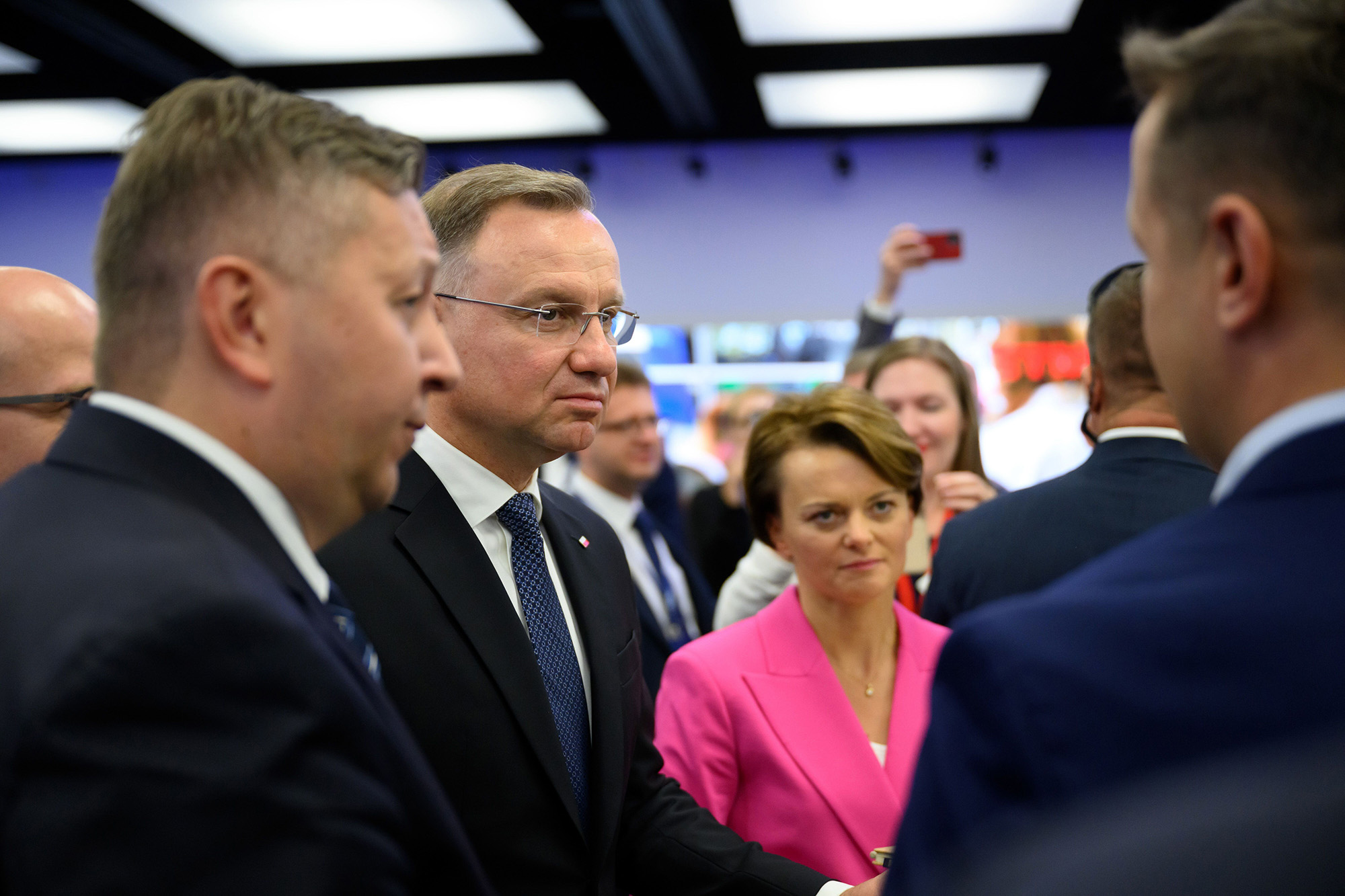 Polish president Andrzej Duda, center left, and the Government Plenipotentiary for Polish-Ukrainian Development Cooperation Jadwiga Emilewicz, center right, attend the 'Common Future' Congress for Reconstruction of Ukraine at the MTP Poznan Expo in Poznan, Poland, on September 22.