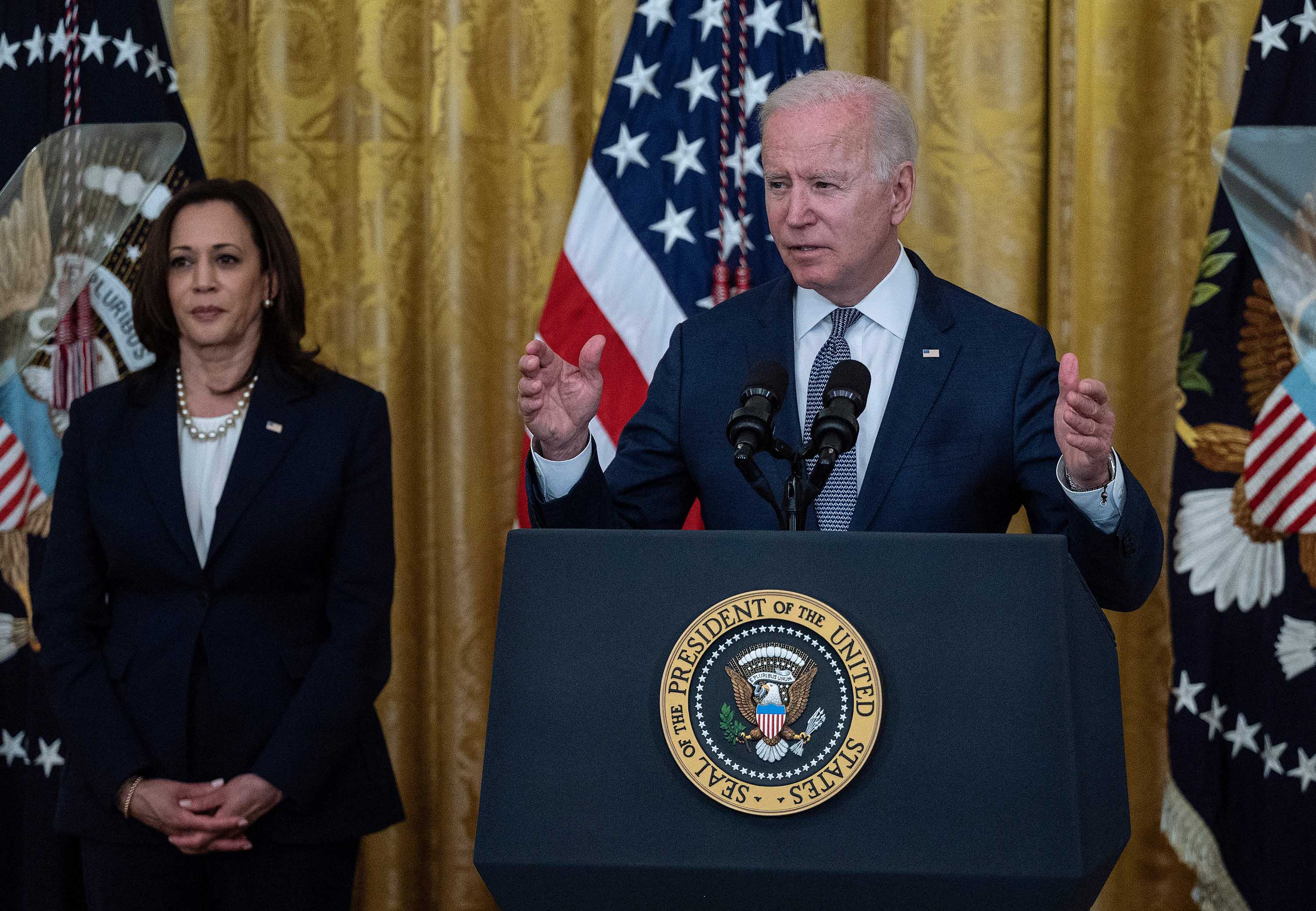 Vice President Kamala Harris looks on as President Joe Biden speaks at the White House on Thursday, June 17. 