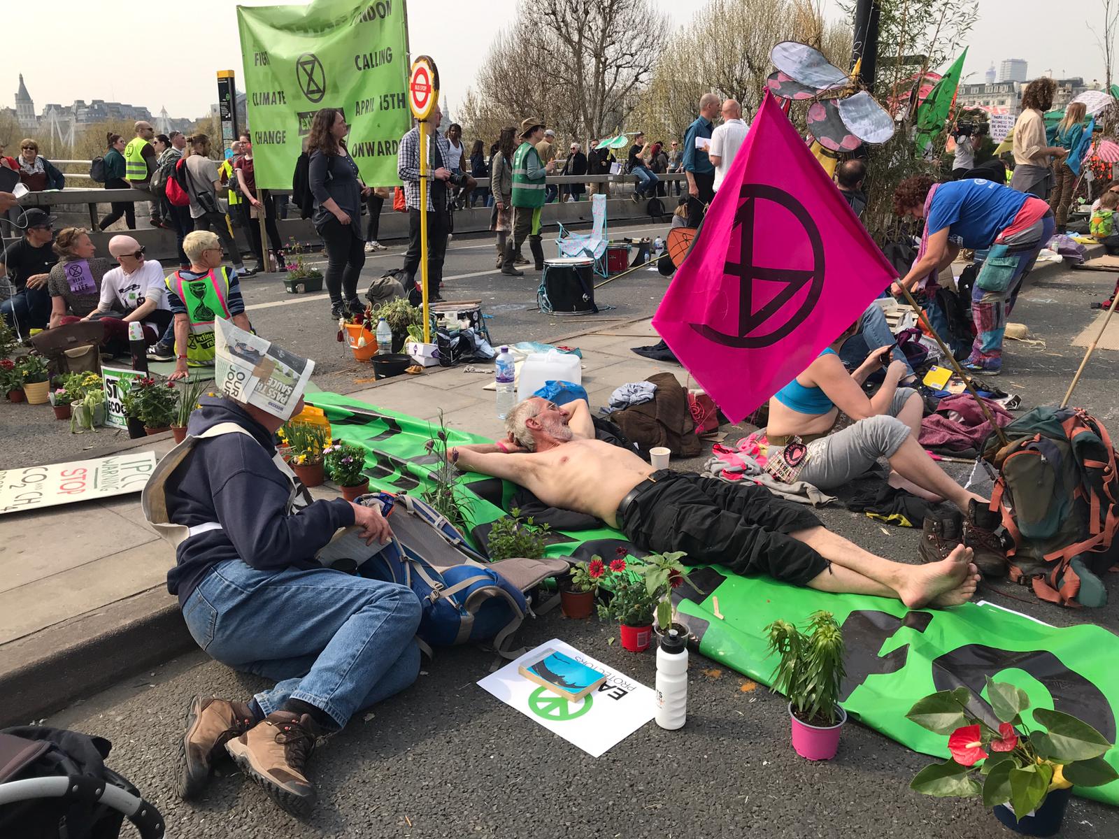 Protesters on Waterloo Bridge on Wednesday. Climate activists are holding a third straight day of demonstrations in the UK capital. 