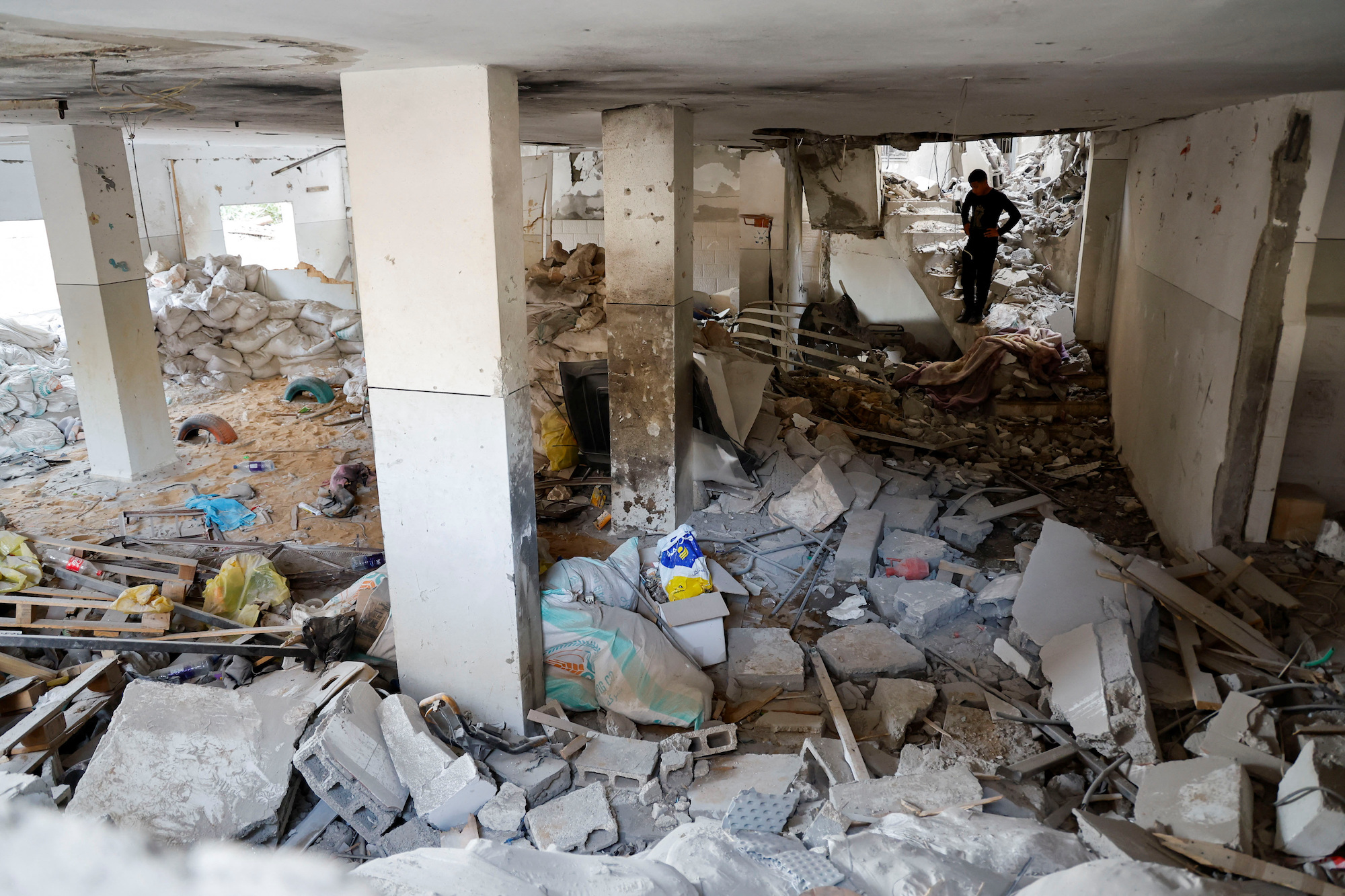 A man checks the damage at a mosque which was hit in an Israeli airstrike in Jenin, West Bank, on Sunday.