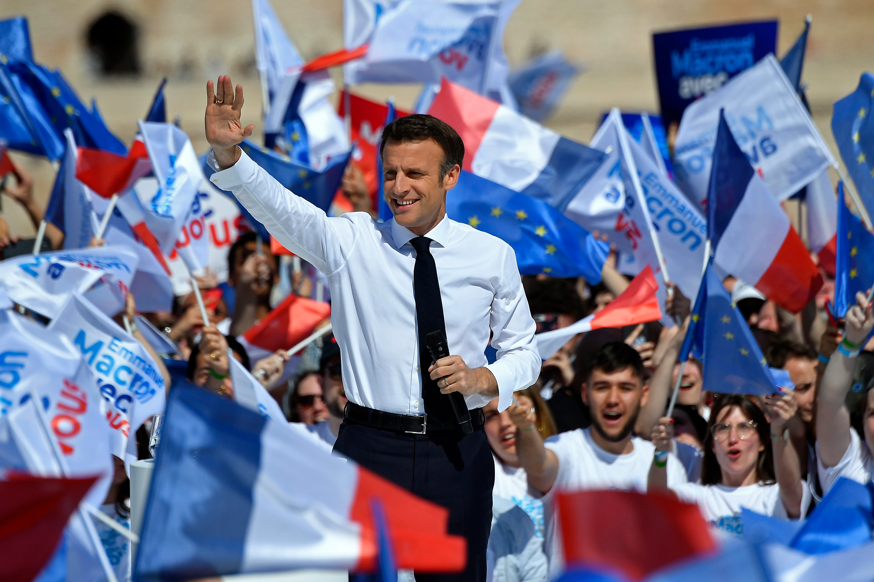 Emmanuel Macron addresses voters during a campaign event on April 16 in Marseille, France. 