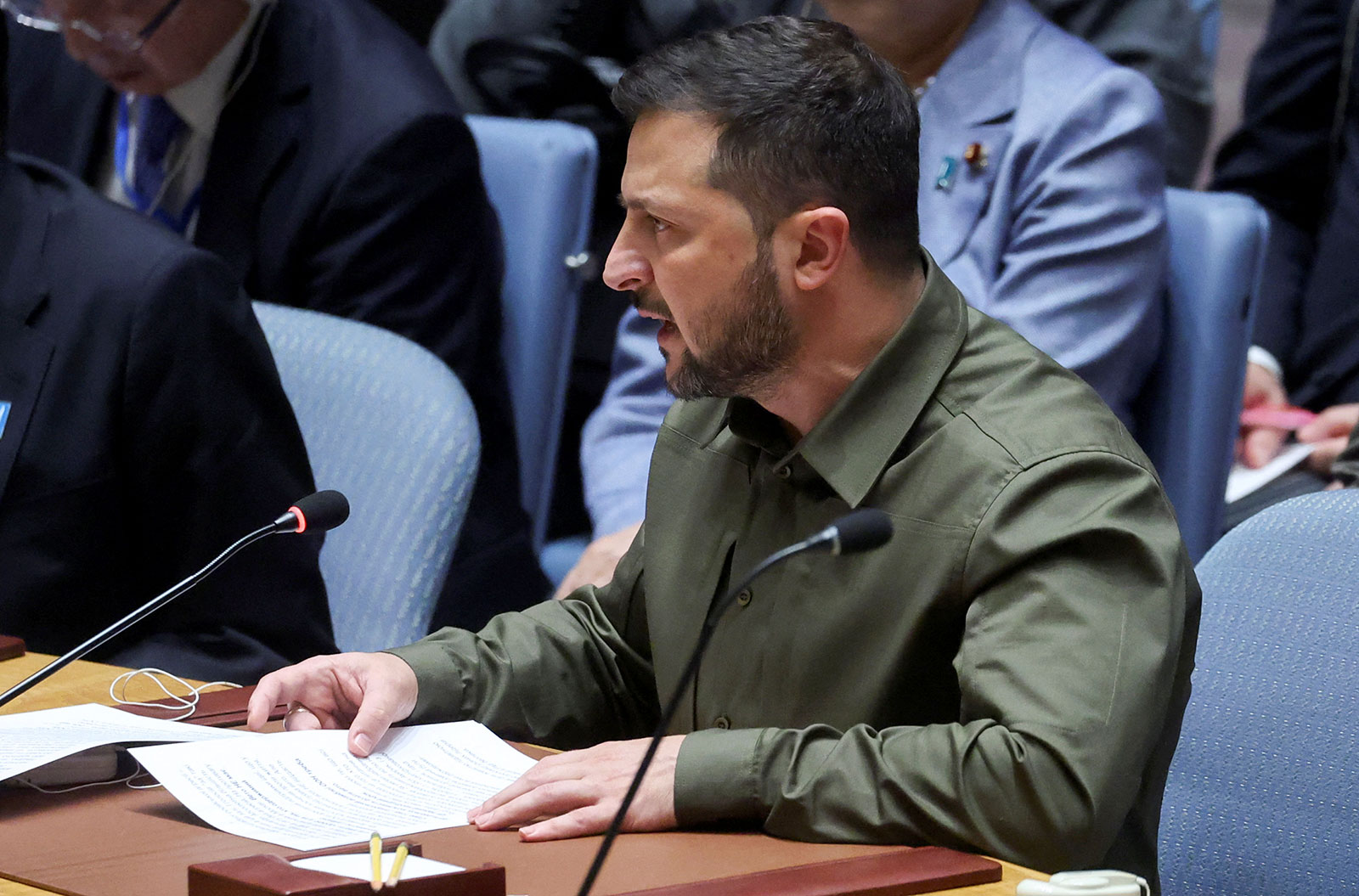 Ukrainian President Volodymyr Zelensky addresses the United Nations Security Council at the United Nations headquarters in New York, on Wednesday, September 20, 2023.