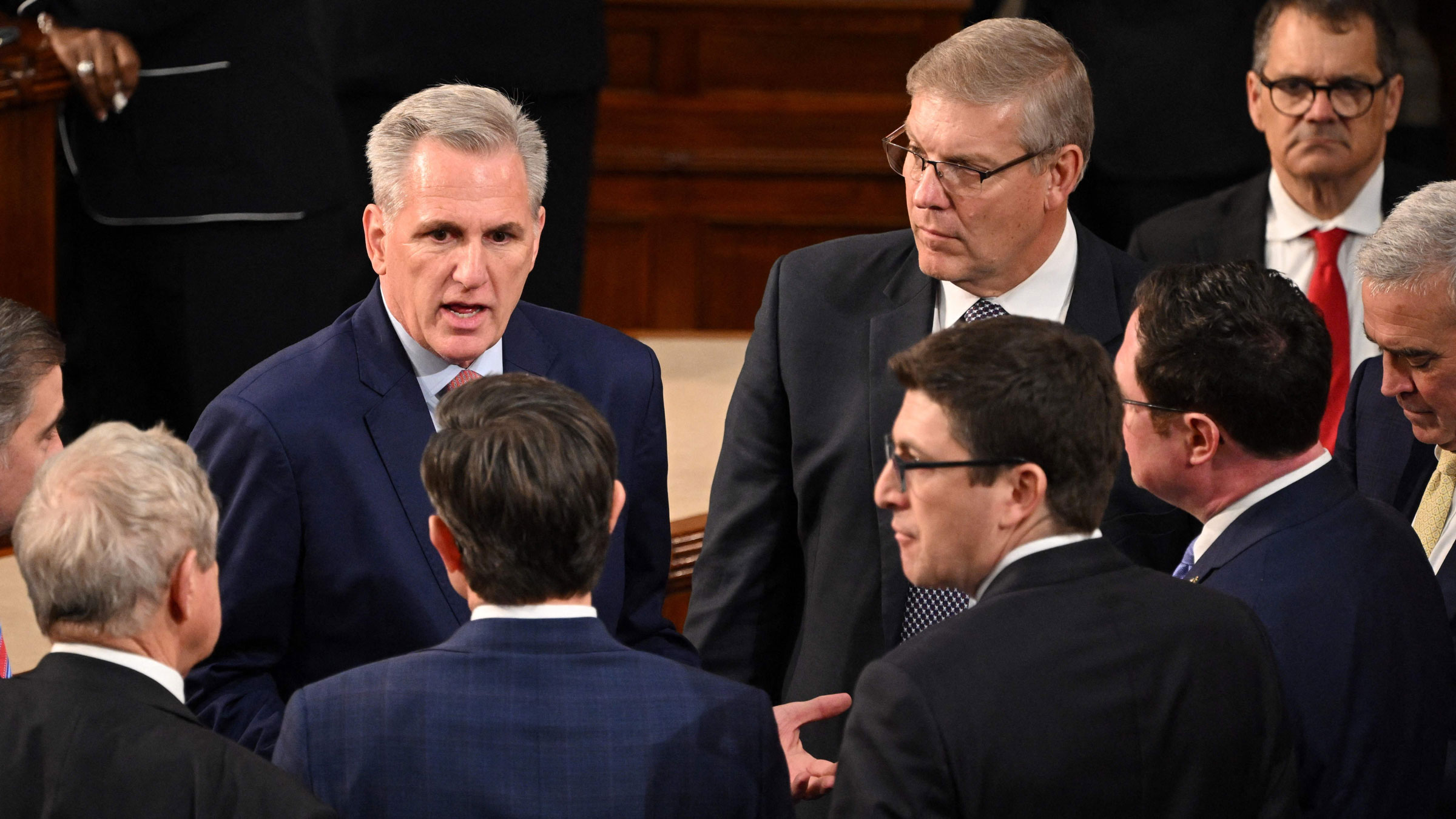 Kevin McCarthy speaks with lawmakers on the House floor on Tuesday.