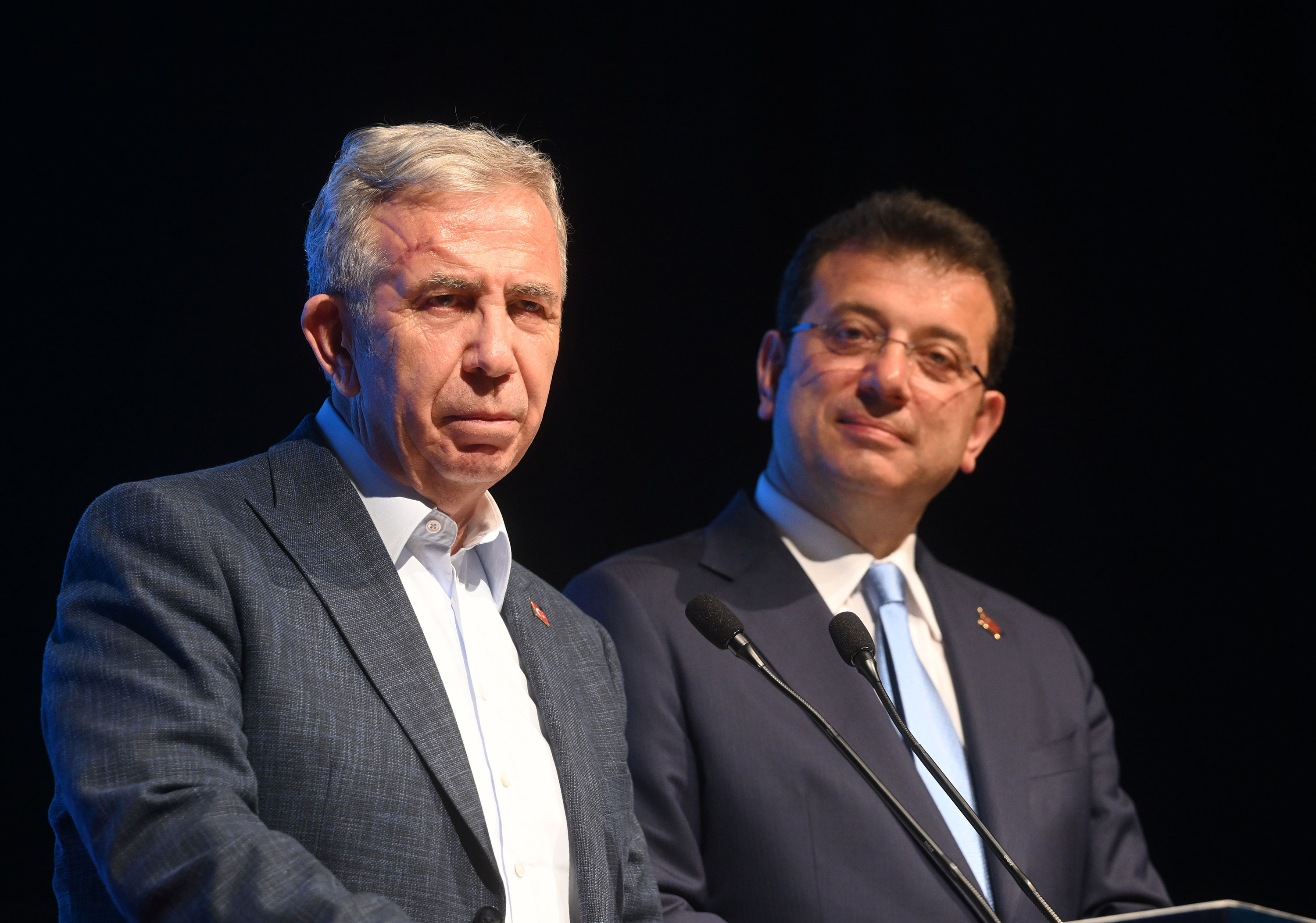 From left, Mansur Yavas, Mayor of Ankara, and Ekrem Imamoglu, Mayor of Istanbul, hold a press conference at the Republican People's Party (CHP) headquarters in Ankara, Turkey, on May 14. 