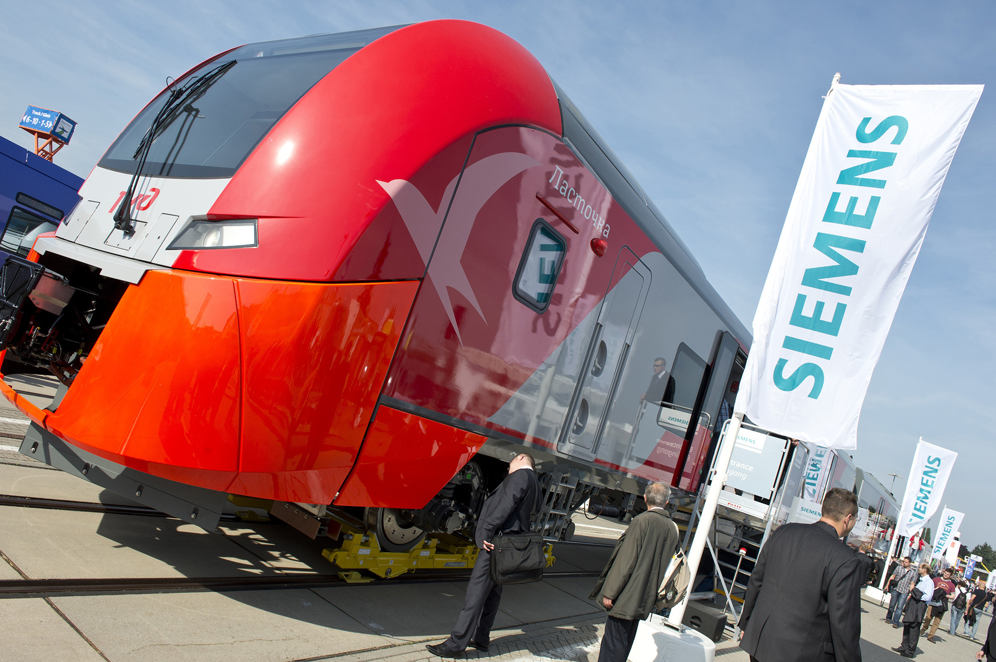 A Russian railways Desiro train by Siemens is on display at the Innotrans 2012 International Trade Fair for Transport and Mobility in Berlin September 18, 2012. Russian railways ordered 38 Desiro vehicles for the 2014 Sochi Winter Olympics.